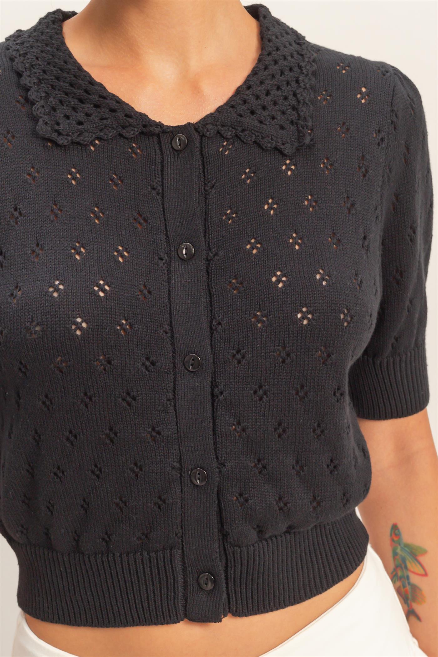 Wholesale Pointelle Collar Button-Up Puff Sleeve Knit Top Clothing Tops DZ26A748 BLACK HYFVE