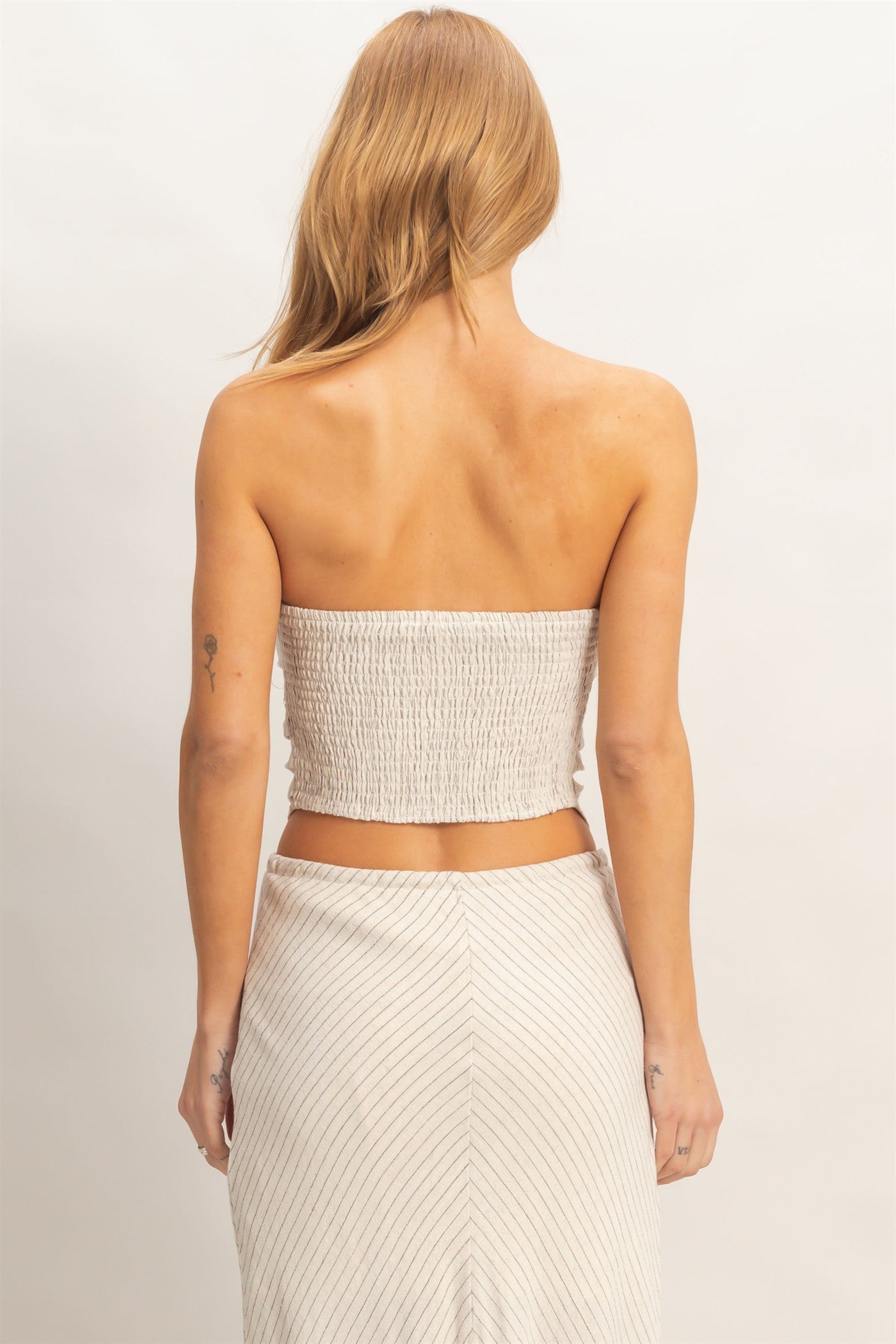 Wholesale Striped Bandeau Drape Top Clothing HF26C387 OATMEAL HYFVE