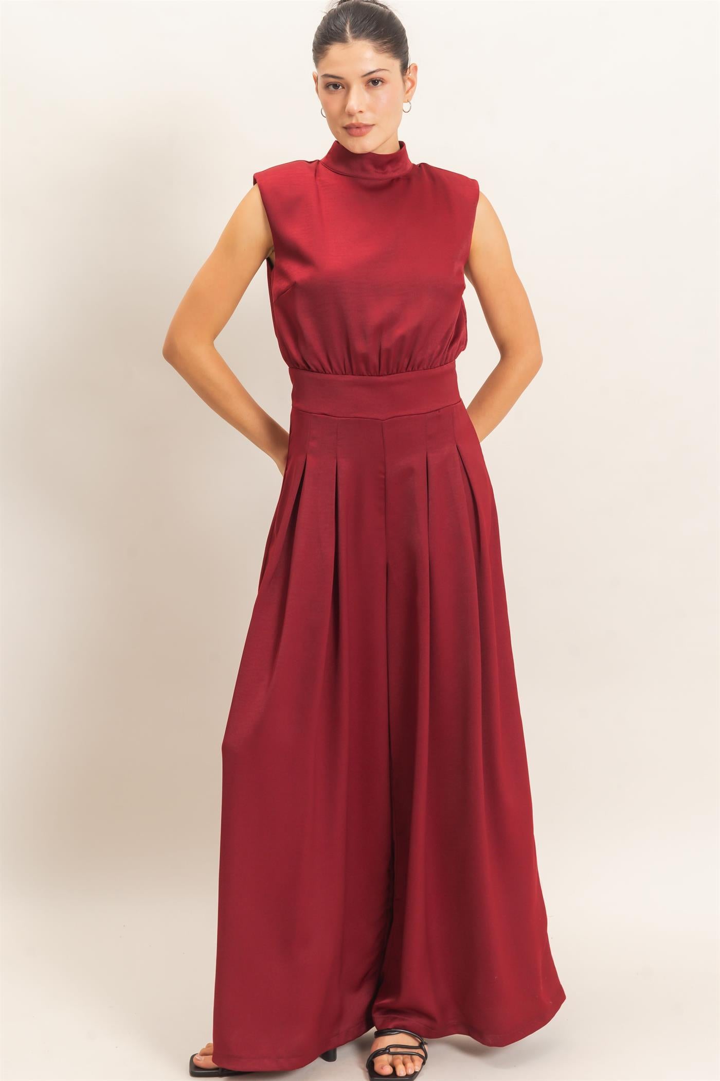 Wholesale Sleeveless Mock Neck Jumpsuit Clothing HF26F209-D WINE HYFVE