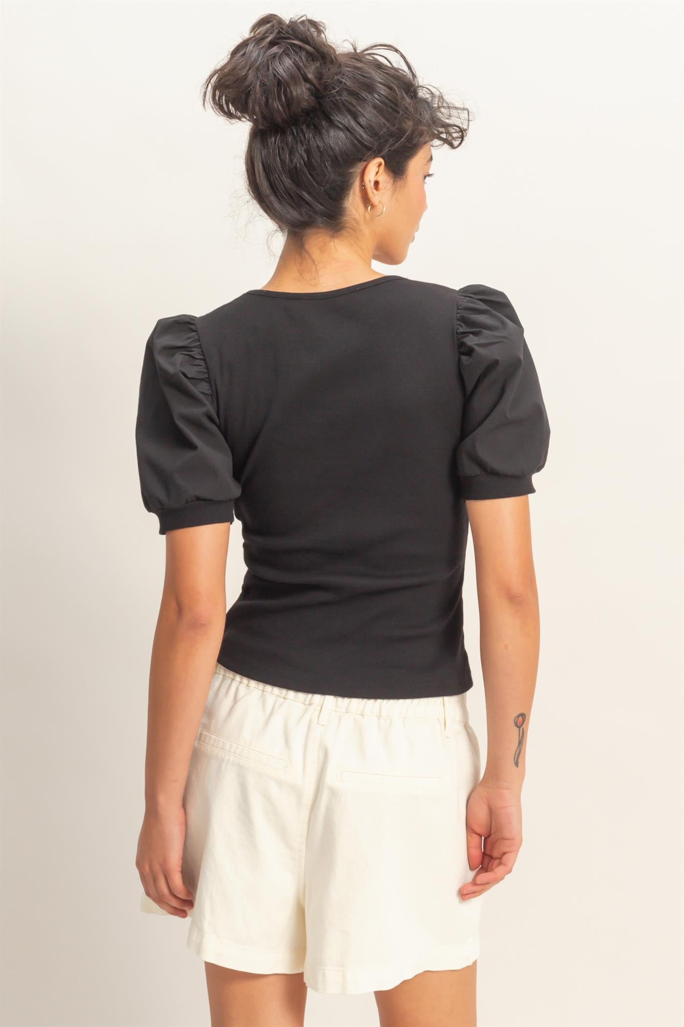 Wholesale Ribbed Puff Sleeve Scoop Neck Top Clothing Tops DZ26C071 BLACK DOUBLE ZERO