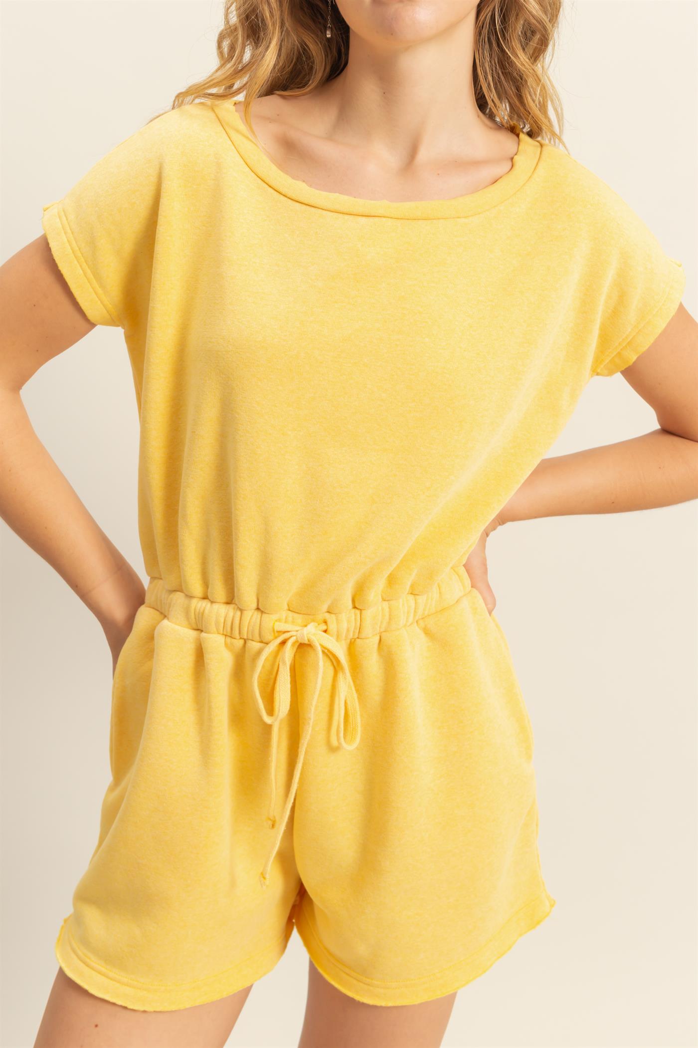 Wholesale Cap Sleeve Drawstring Waist Romper Clothing DZ25A782 SUNFLOWER DOUBLE ZERO