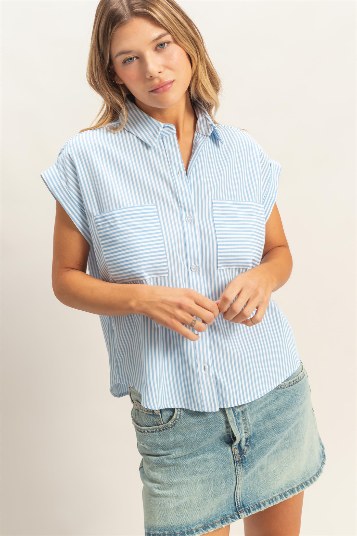 Wholesale Button-Up Striped Shirt Shirts HF26E429-D L.BLUE HYFVE