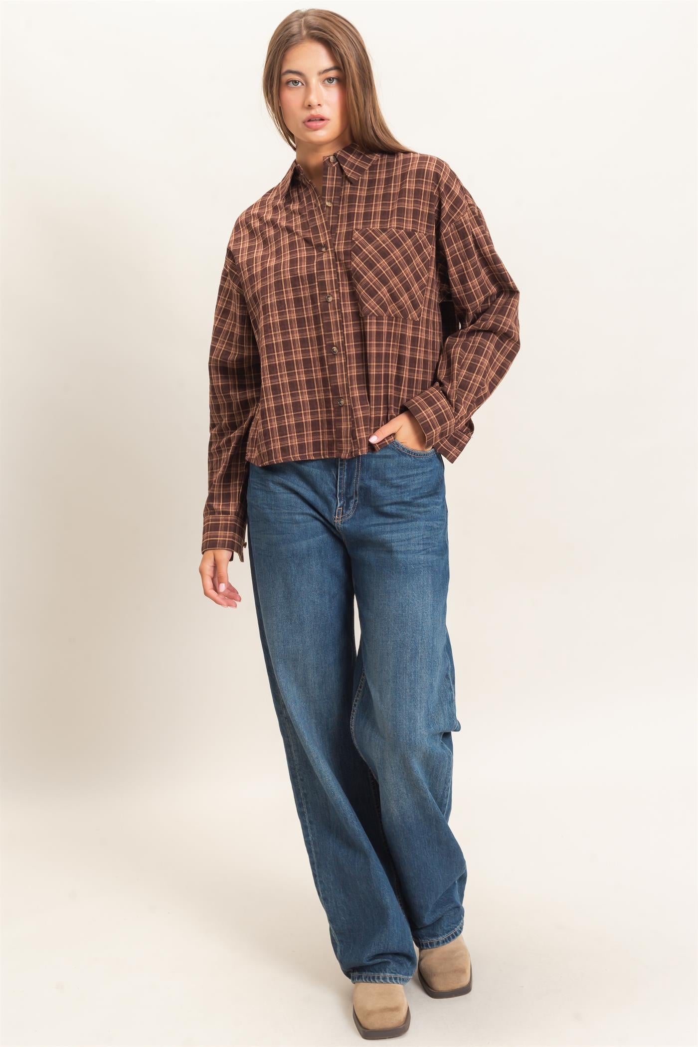 Wholesale Plaid Button-Up Shirt Clothing Tops DZ26E395 BROWN DOUBLE ZERO
