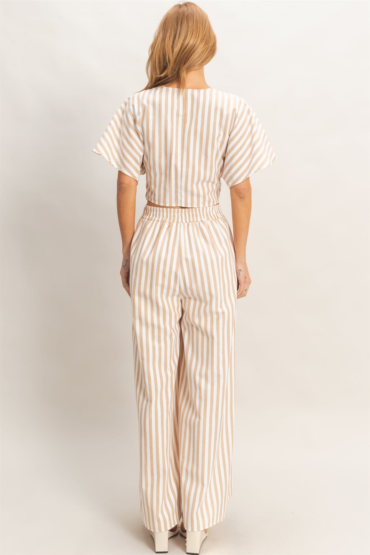 Wholesale Striped Twist Front Top & Pants Clothing HF26A692-SET TAUPE DOUBLE ZERO