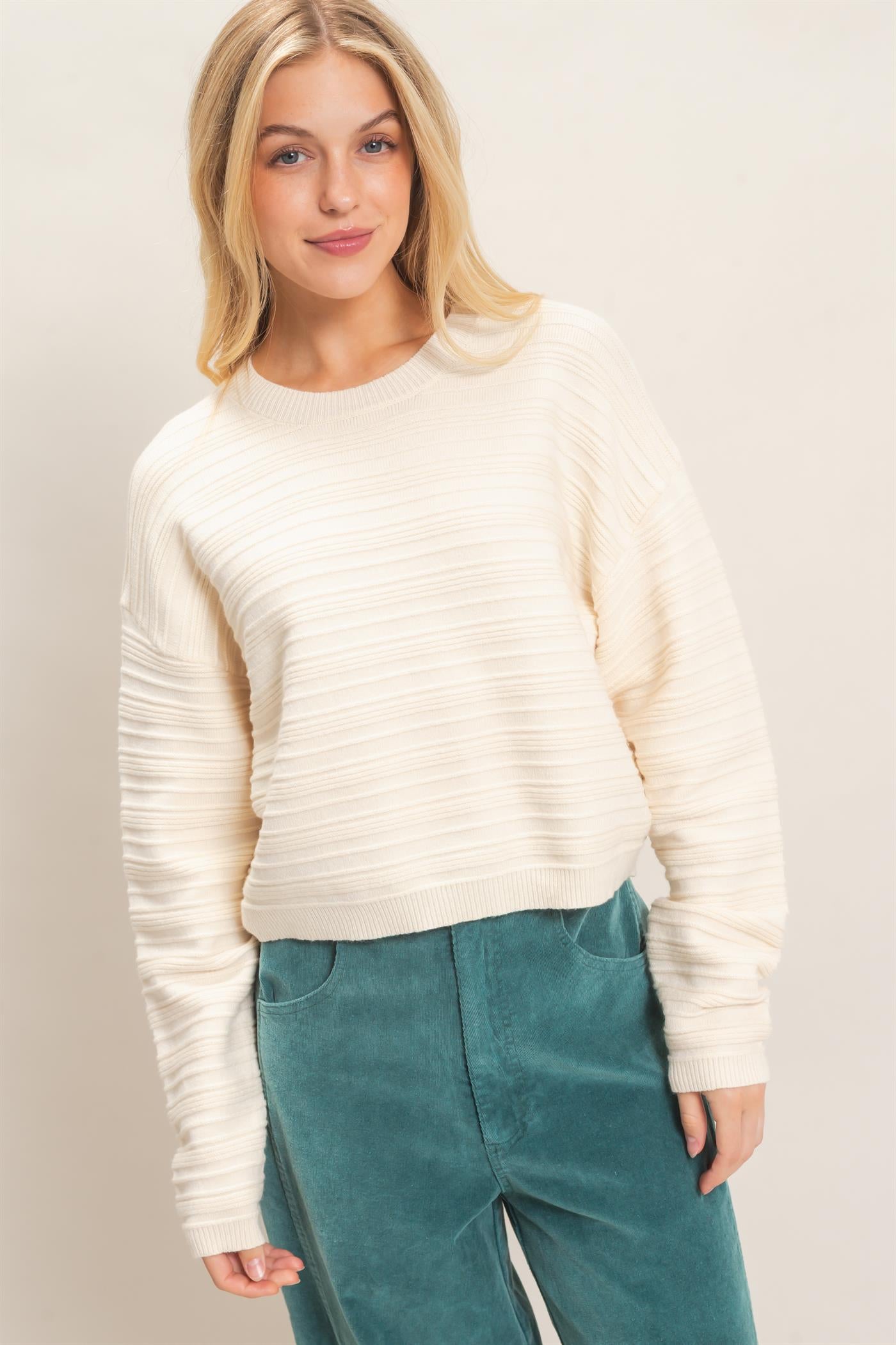 Wholesale Textured Crew Neck Sweater Sweaters HF26F196 CREAM HYFVE