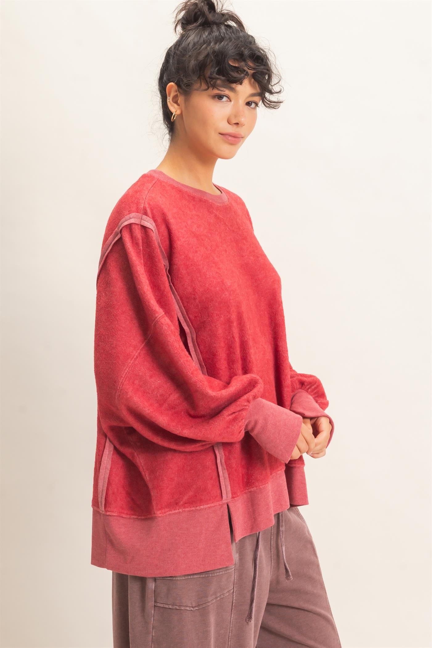 Wholesale Oversized Raw Edge Crew Neck Sweatshirt Sweatshirts DZ26E273 DARK RED DOUBLE ZERO