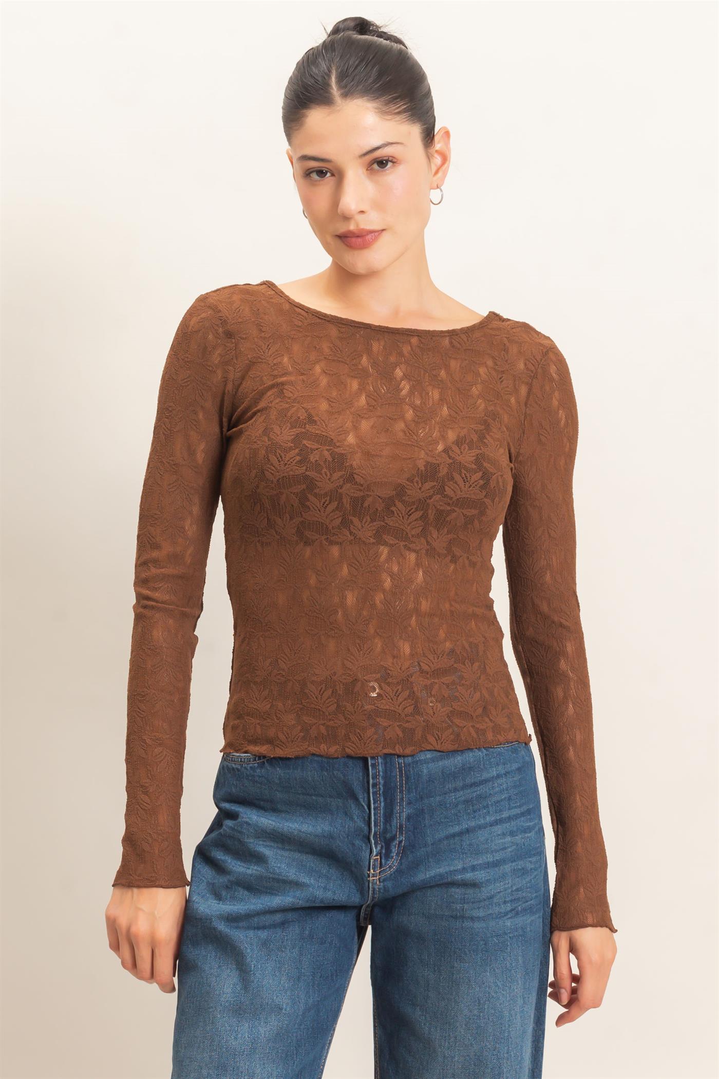 Wholesale Floral Lace Long Sleeve Top Clothing Tops HF26E309 BROWN HYFVE