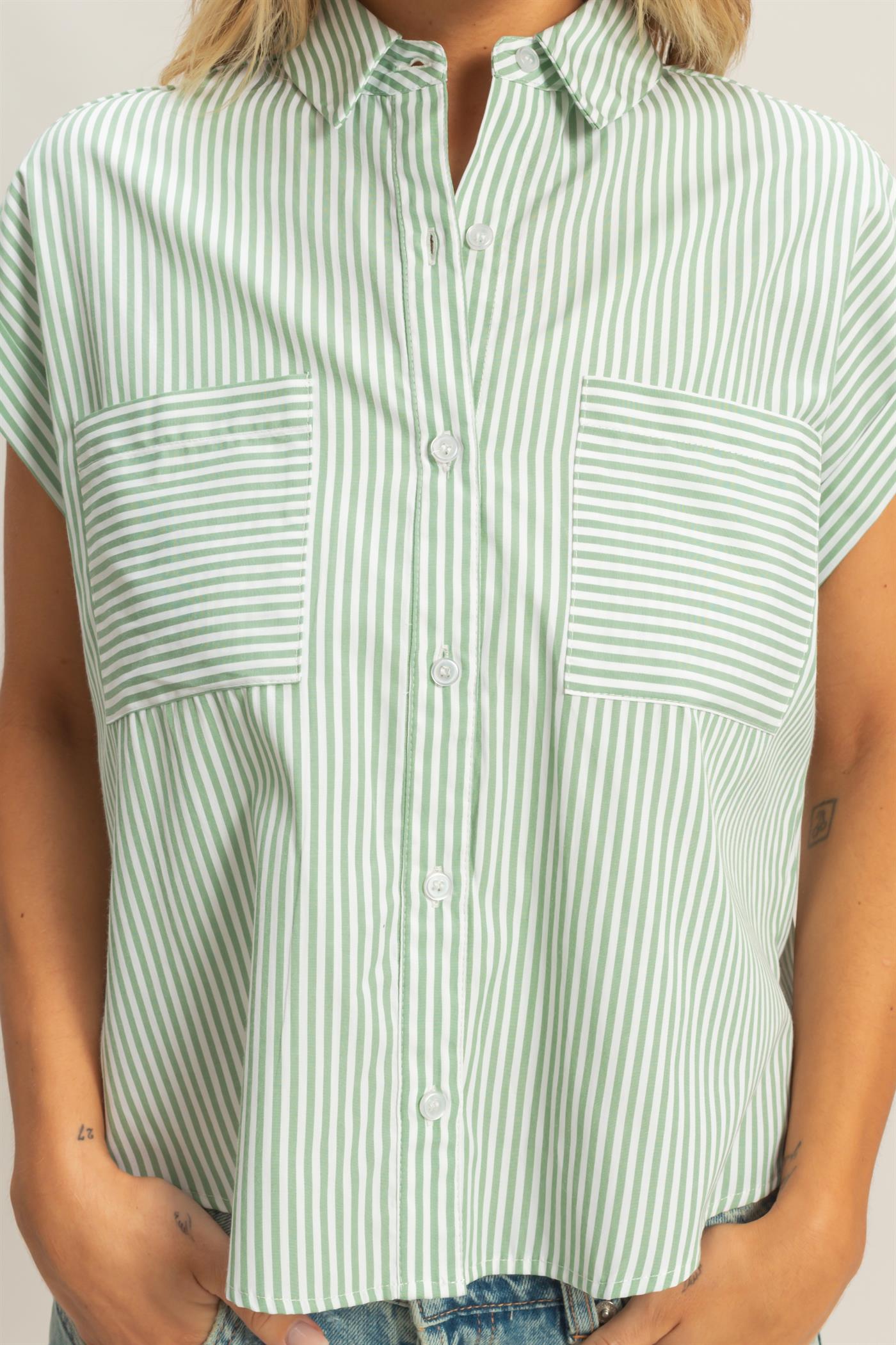 Wholesale Button-Up Striped Shirt Shirts HF26E429-D SAGE GREEN HYFVE