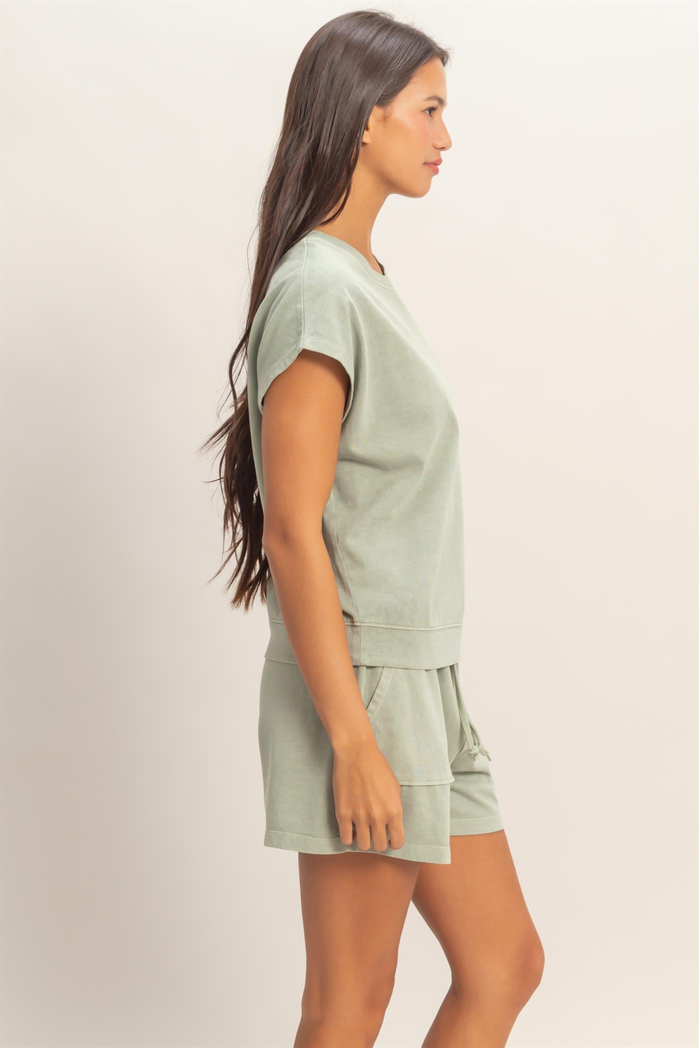 Wholesale Sleeveless Crew Neck Top and Shorts Set Clothing DZ26A028-SET SAGE GREEN DOUBLE ZERO