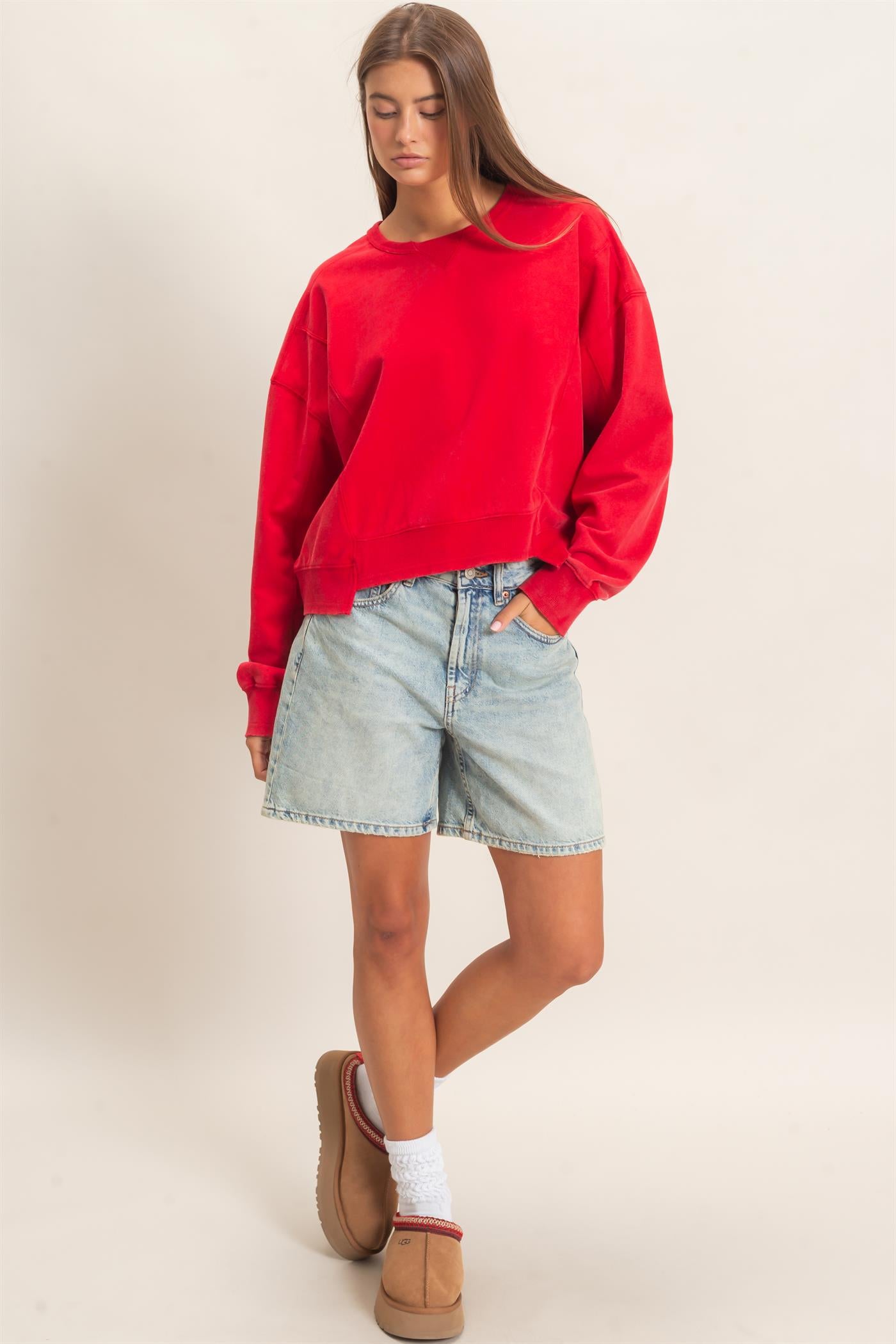 Wholesale Acid Wash Seam Detail Crew Neck Sweatshirt Sweatshirts DZ26E260 RED DOUBLE ZERO