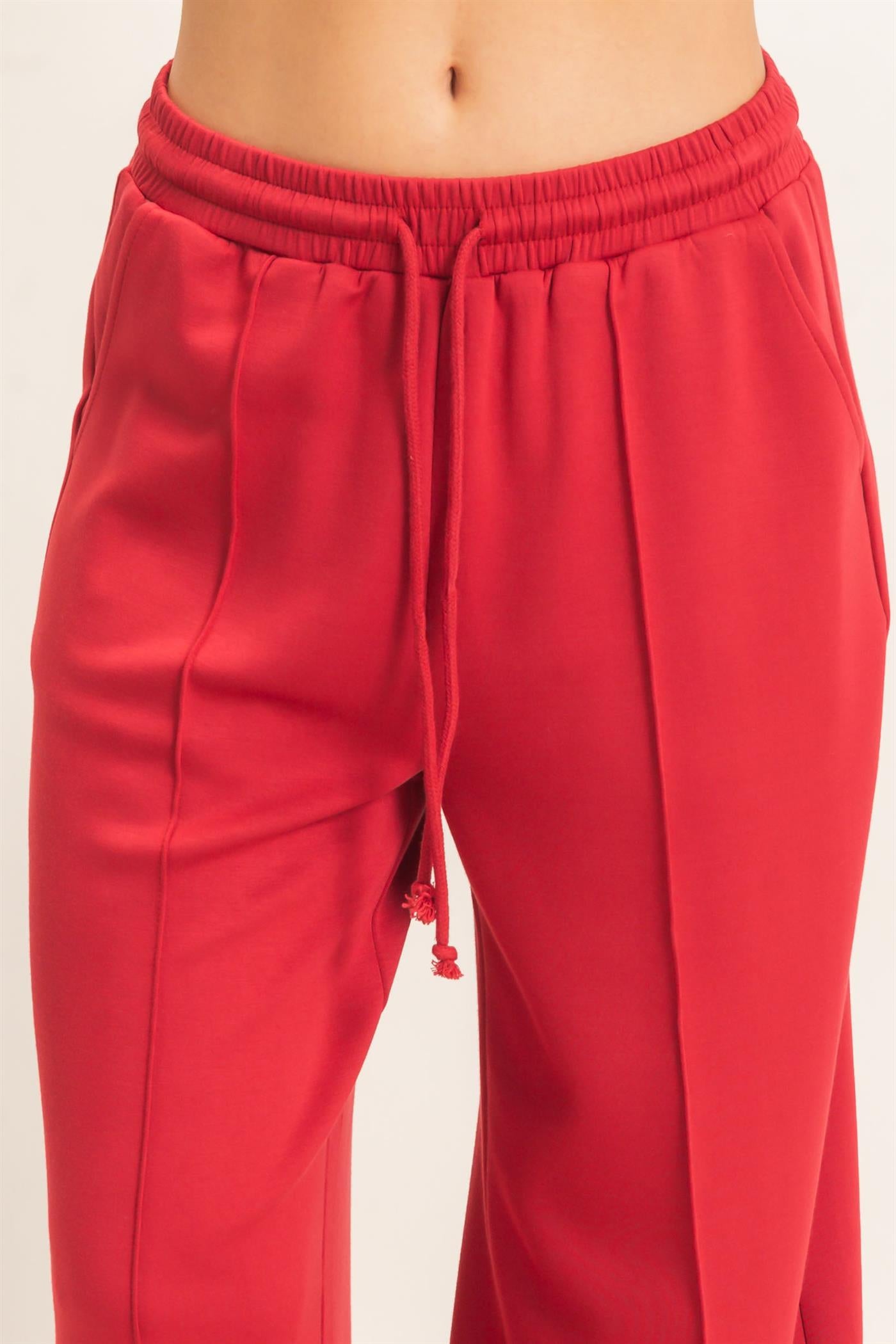 Wholesale Drawstring Waist Pintuck Wide Leg Pants Pants DZ26E384 DARK RED HYFVE