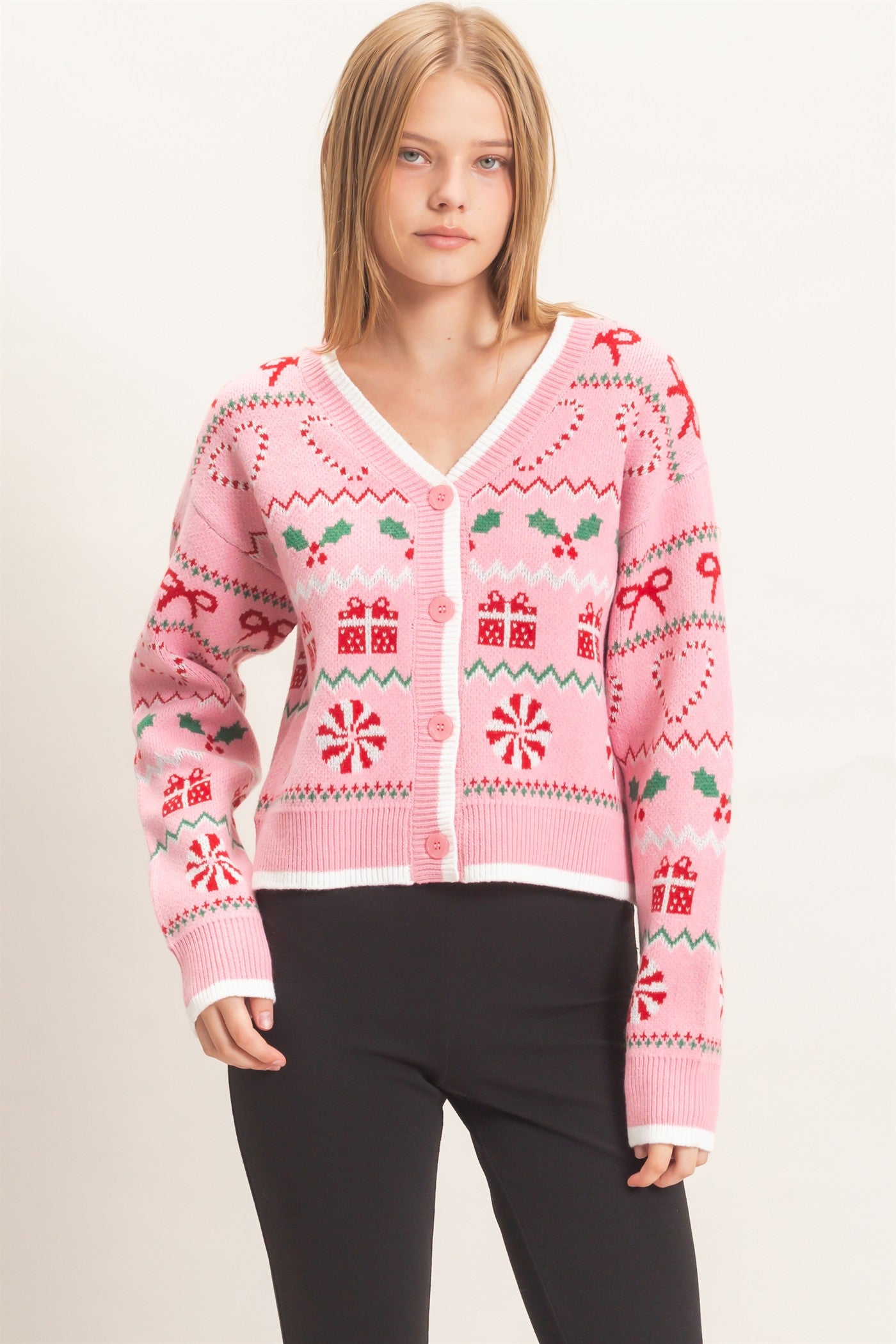 Wholesale Holiday Jacquard V-Neck Cardigan Cardigans HF26E919 PINK HYFVE