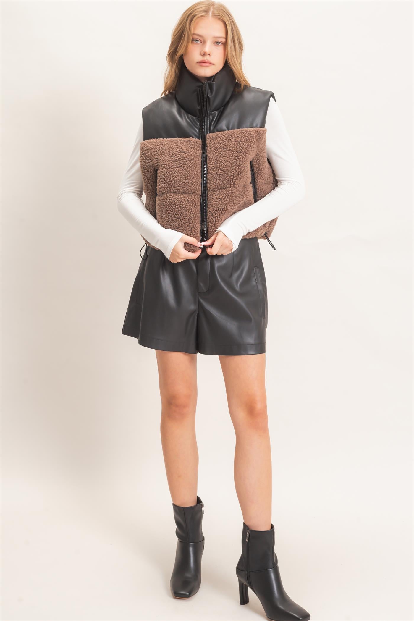 Wholesale Faux Fur & Pu Padded Vest Outerwear HF26F204 MOCHA HYFVE