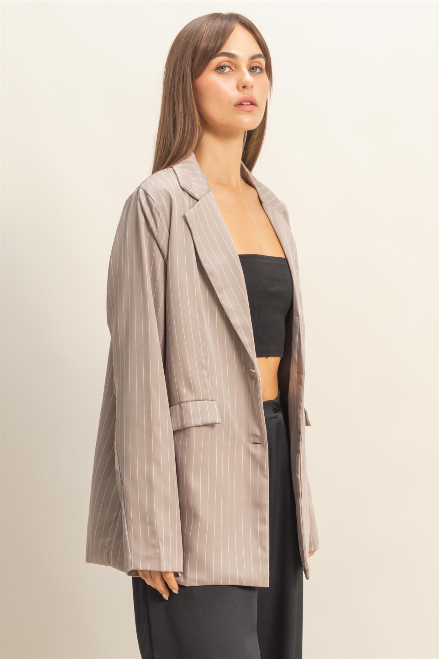 Wholesale Pin Stripe Oversized Blazer Coats & Jackets HF24A247 WARM TAUPE HYFVE