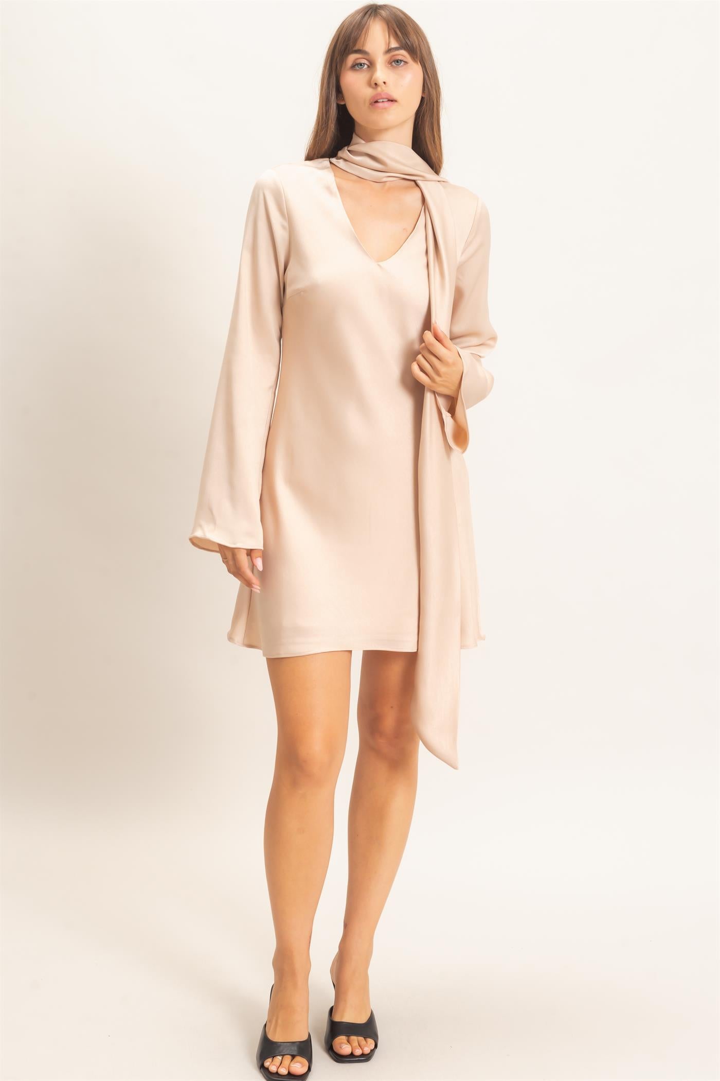 Wholesale Bias Satin Dress With Scarf Dresses HF26E928 CHAMPAGNE HYFVE