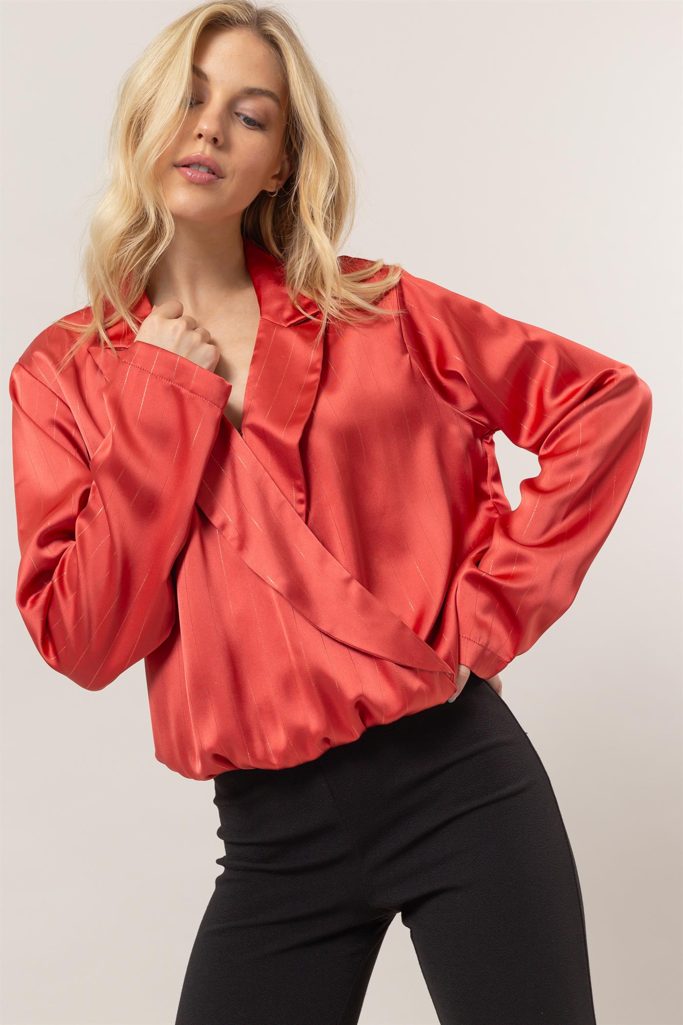 Wholesale Sophisticated Lurex Striped Wrap Blouse Clothing Tops HF25C383 RED HYFVE