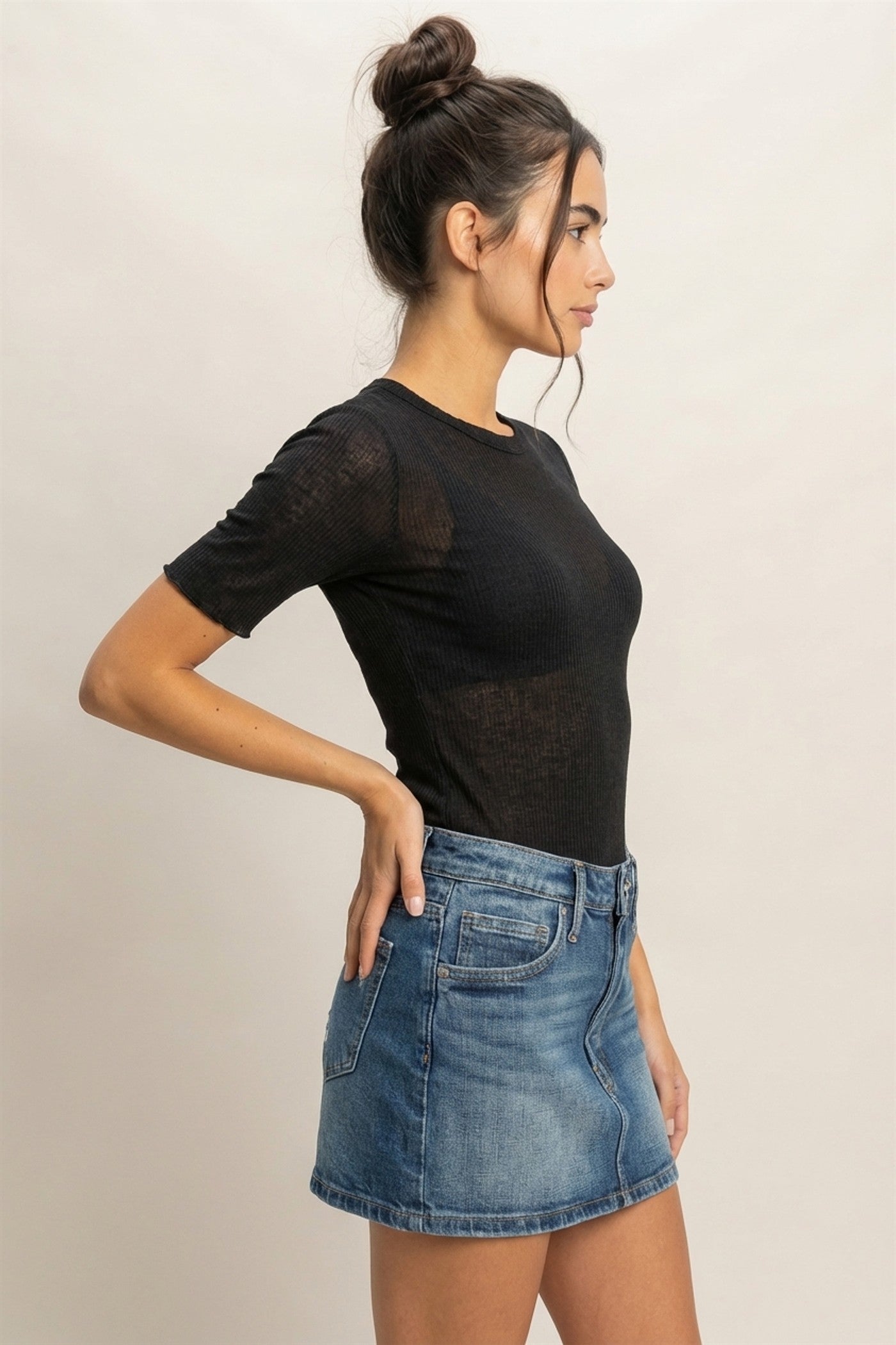 Wholesale Ribbed Short Sleeve Top Clothing Tops DZ24C197 BLACK DOUBLE ZERO