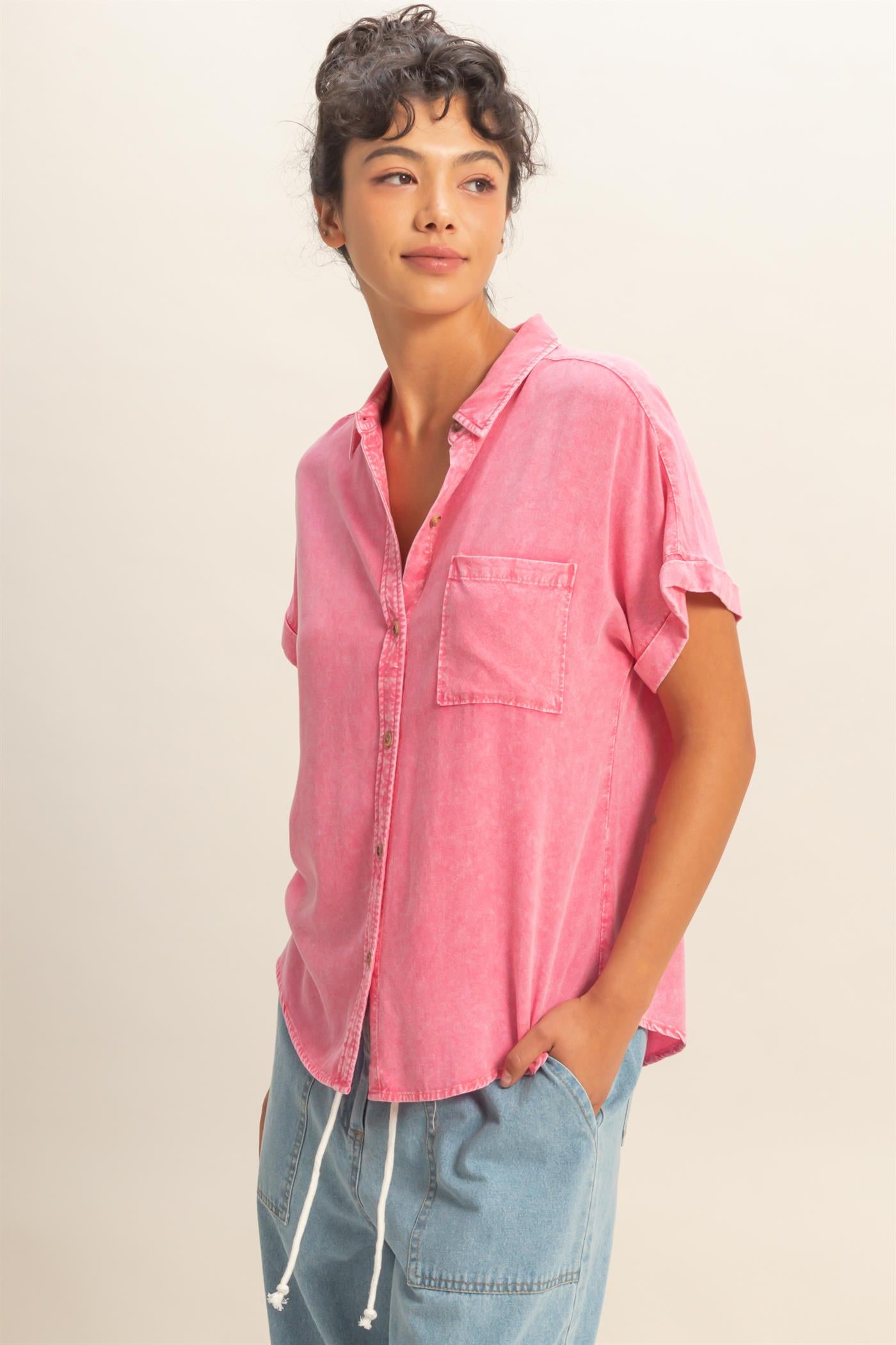 Wholesale Mineral Wash Button-Up Dolman Sleeve Shirt Shirts DZ26C132 TAFFY PINK DOUBLE ZERO