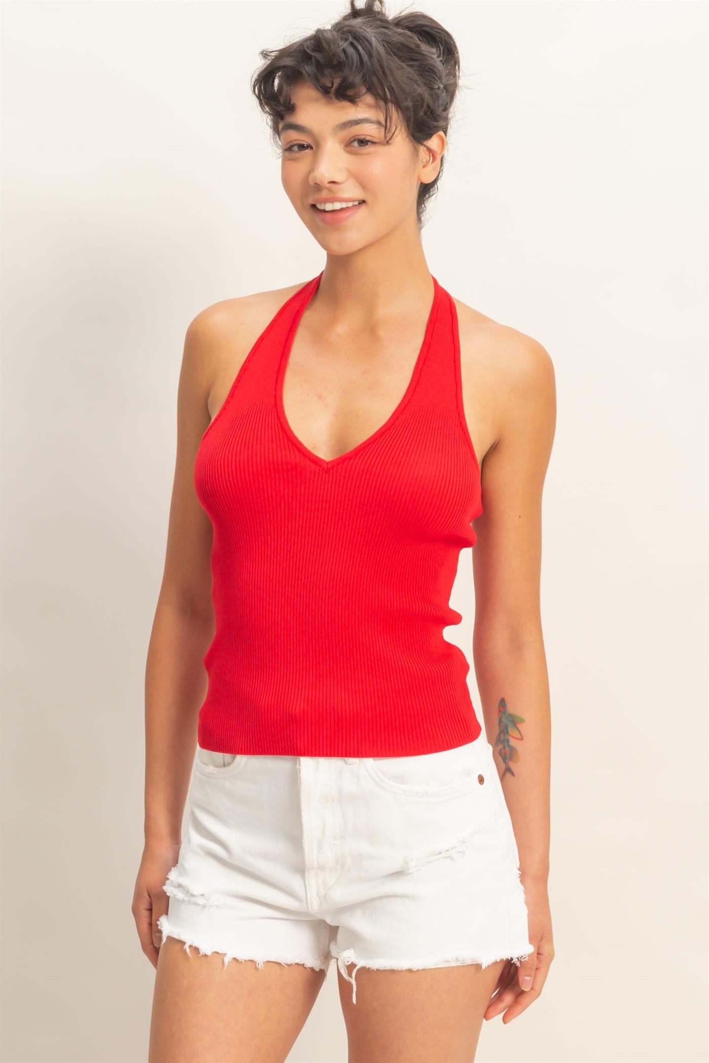 Wholesale Ribbed Halter Neck Top Clothing Tops DZ26C628 RED DOUBLE ZERO
