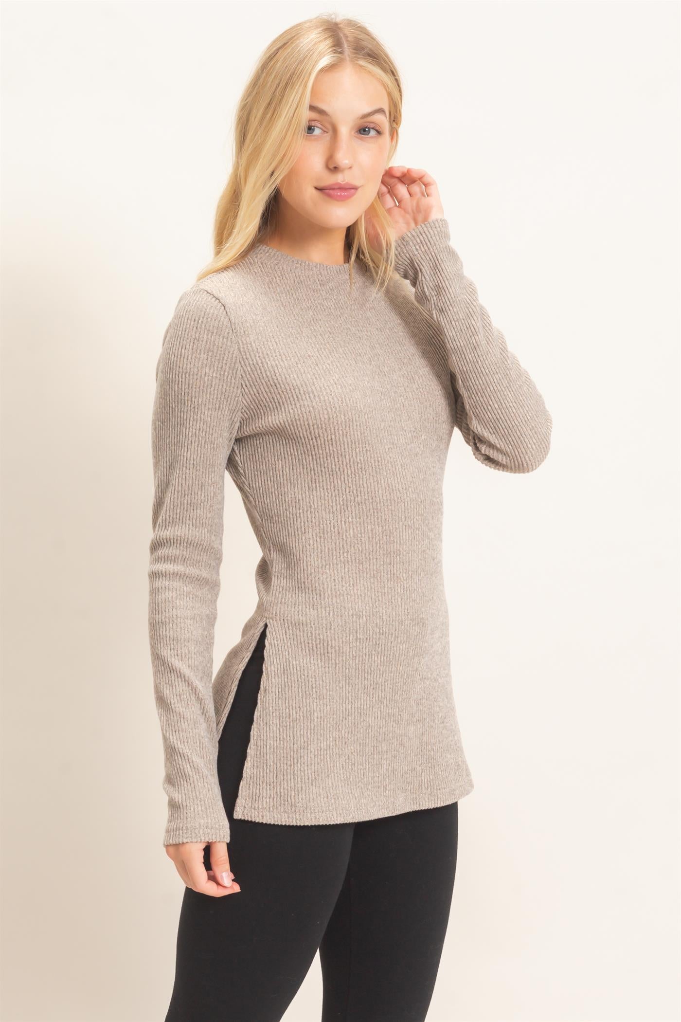 Wholesale Ribbed Crew Neck Sweater Clothing Tops HF26F034 BEIGE HYFVE