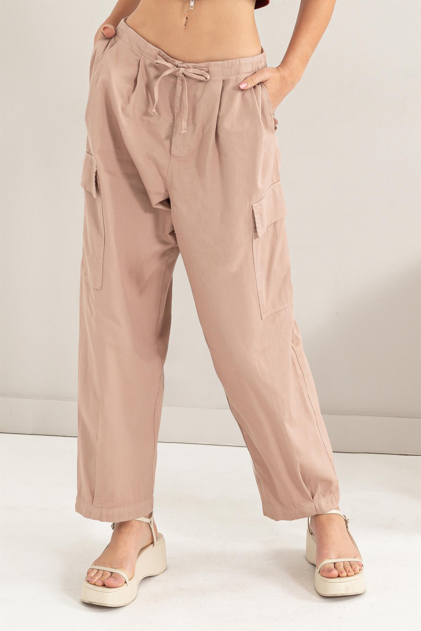 Wholesale High Waist Drawstring Cargo Pants Pants DZ24A650 TAN DOUBLE ZERO