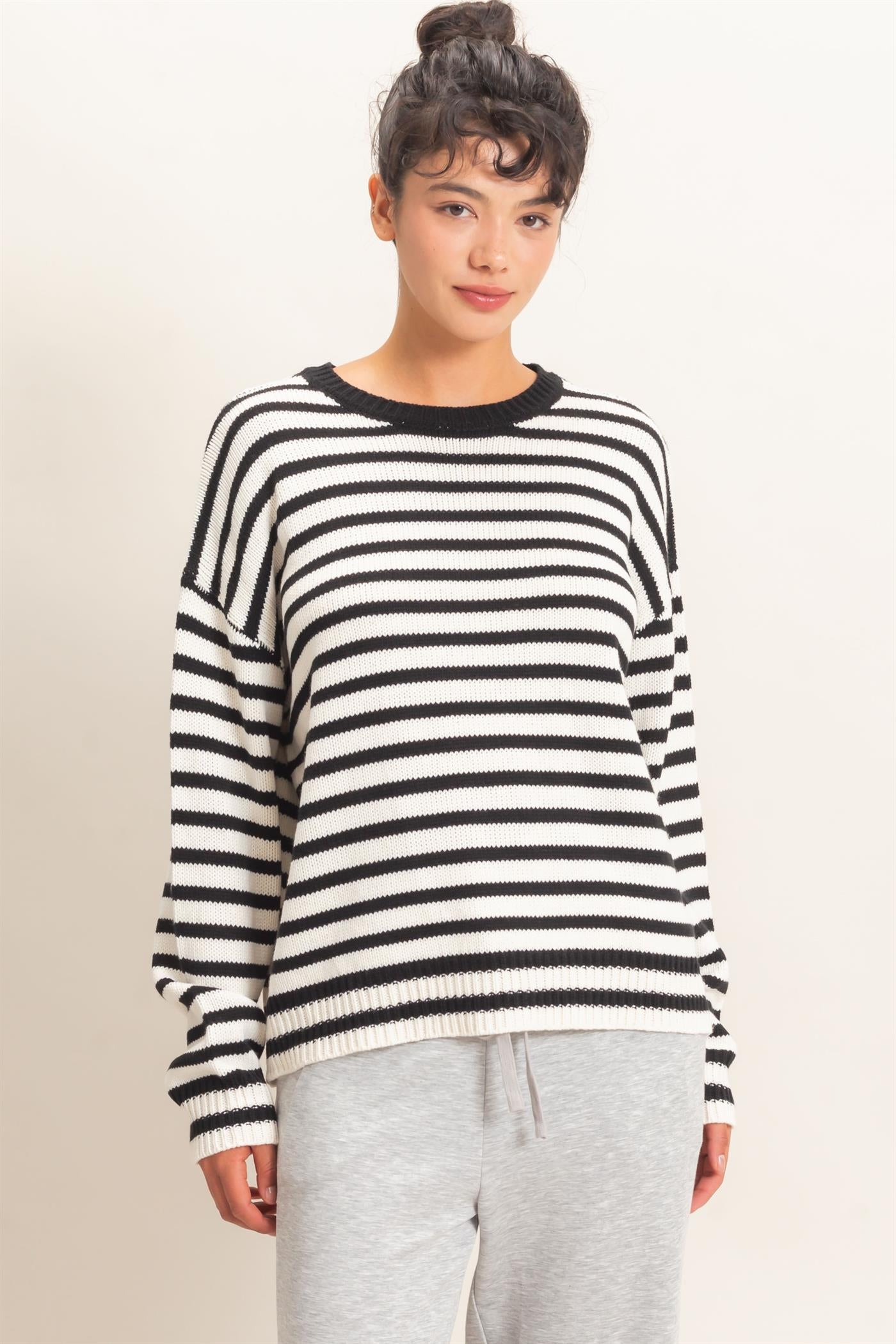 Wholesale Striped Crew Neck Sweater Sweaters DZ26E237 BLACK DOUBLE ZERO