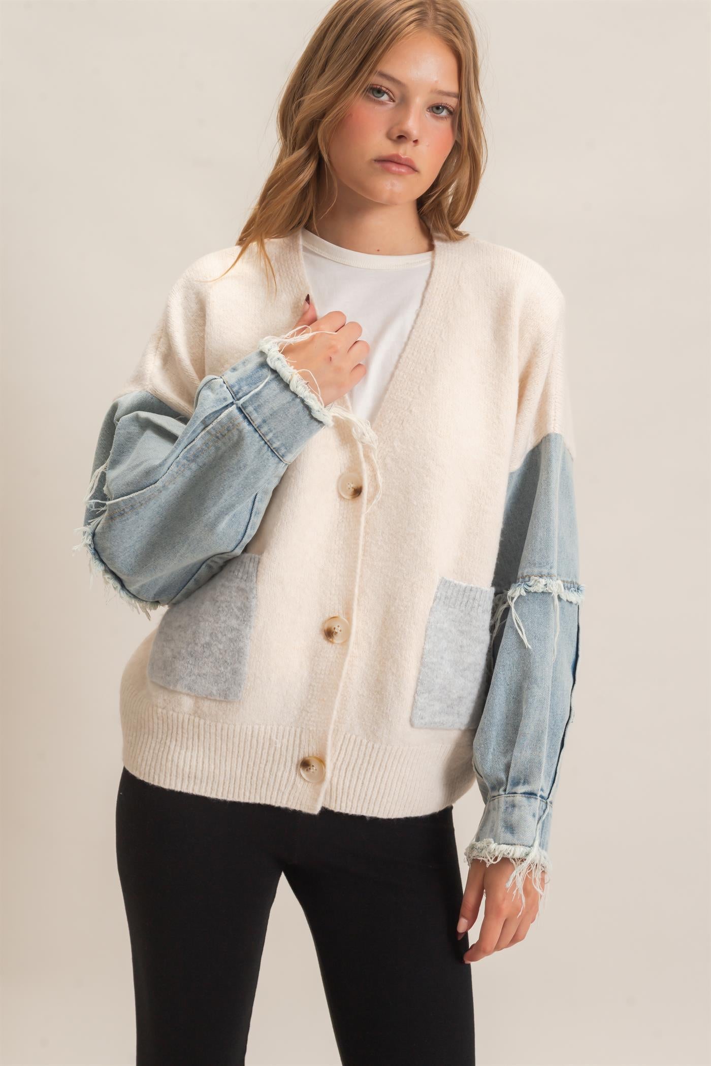 Wholesale V-Neck Cardigan With Distressed Denim Sleeves Cardigans HF26E838 OATMEAL HYFVE