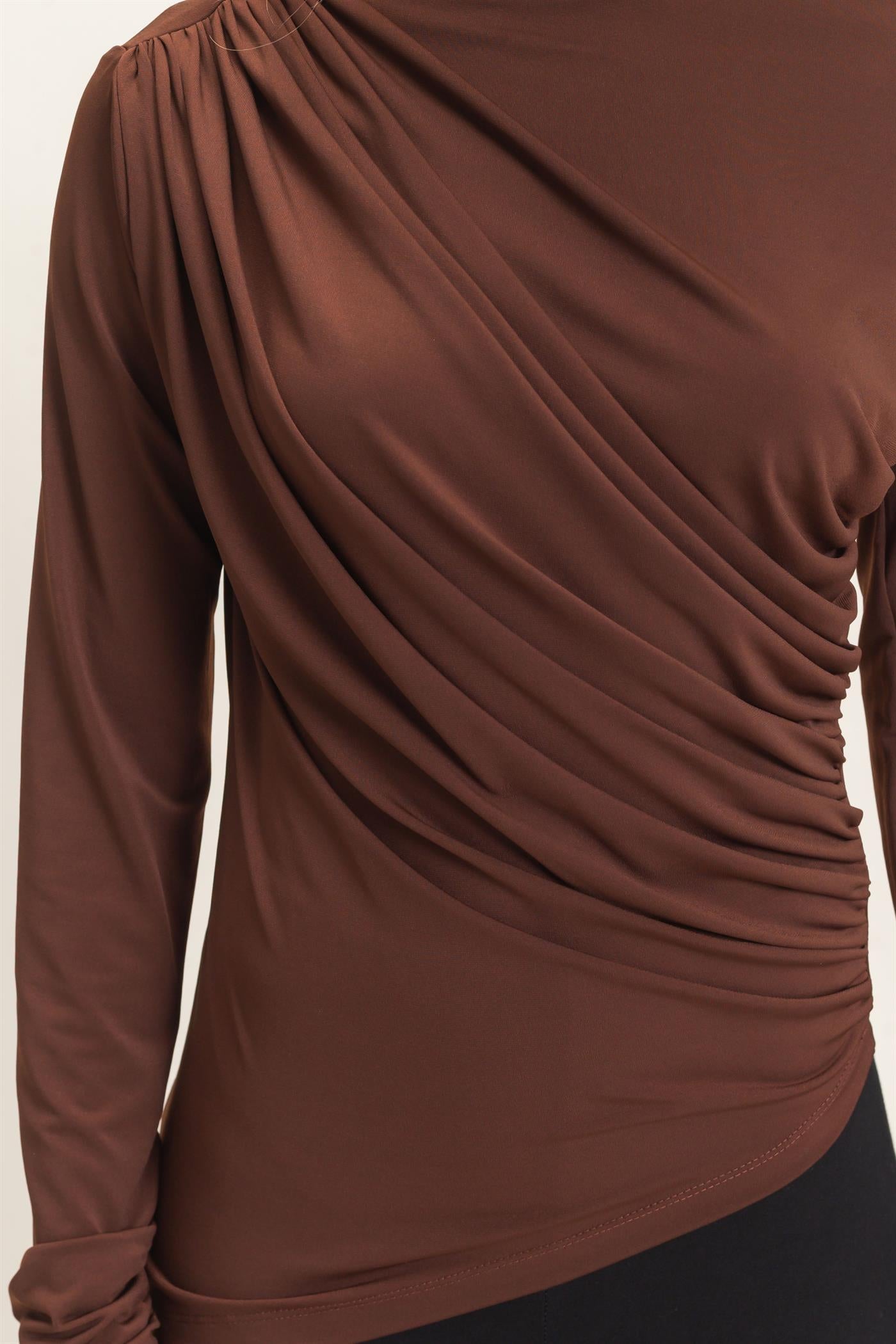 Wholesale Asymmetrical Ruched Long Sleeve Top Clothing Tops HF26C683 CHOCOLATE HYFVE