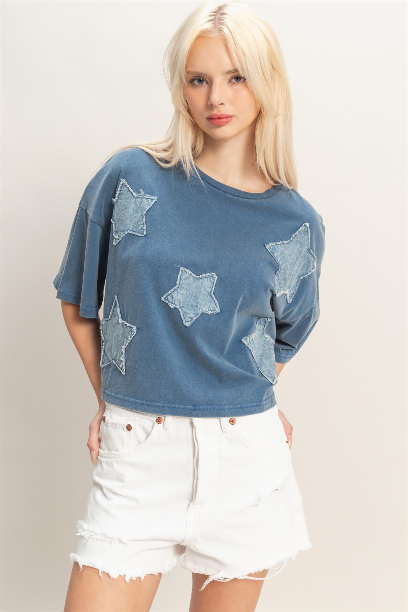 Wholesale Raw Edge Star Patch Top Clothing Tops DZ26C616 NAVY DOUBLE ZERO