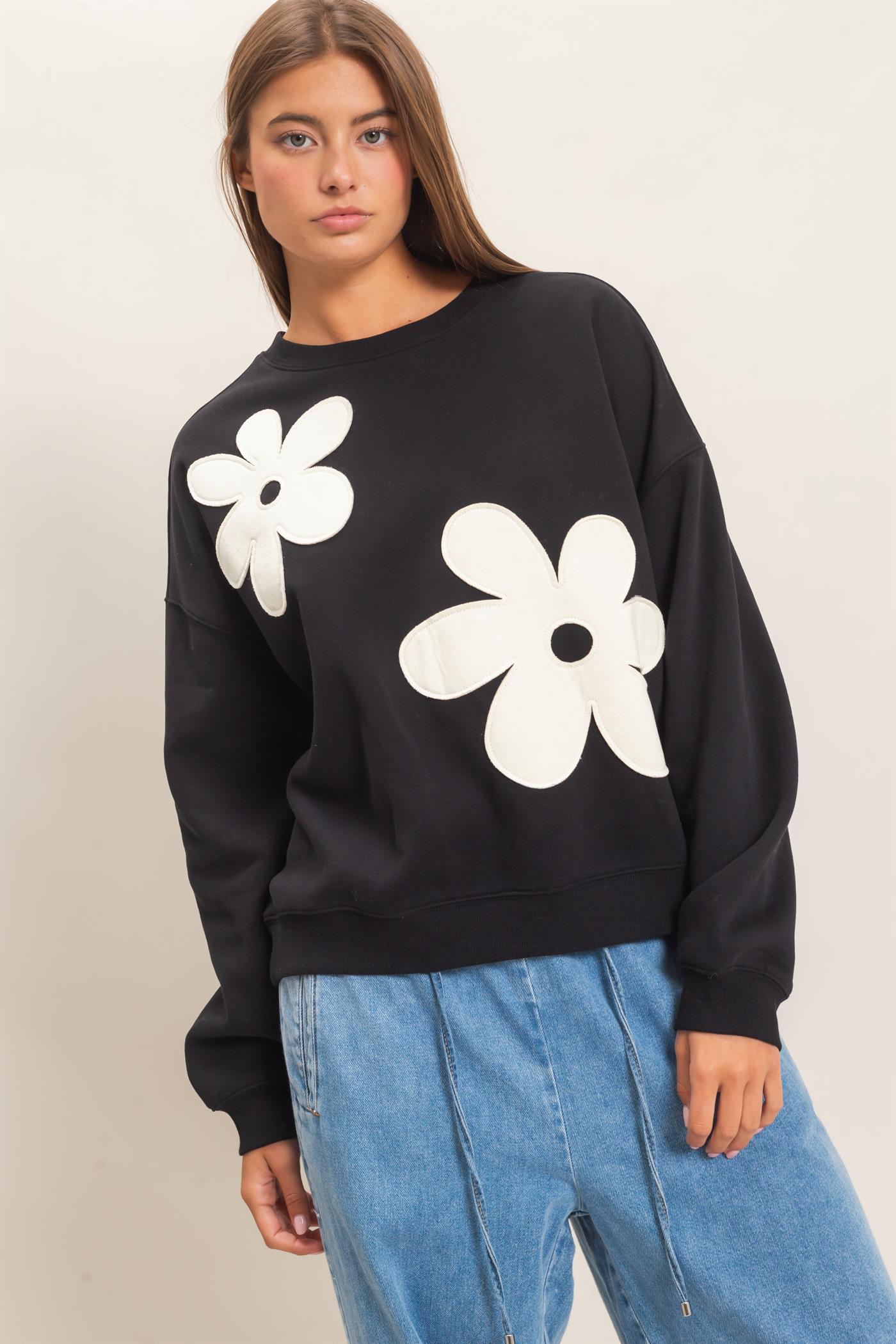 Wholesale Floral Applique Crew Neck Sweatshirt Sweatshirts DZ26E708 BLACK DOUBLE ZERO