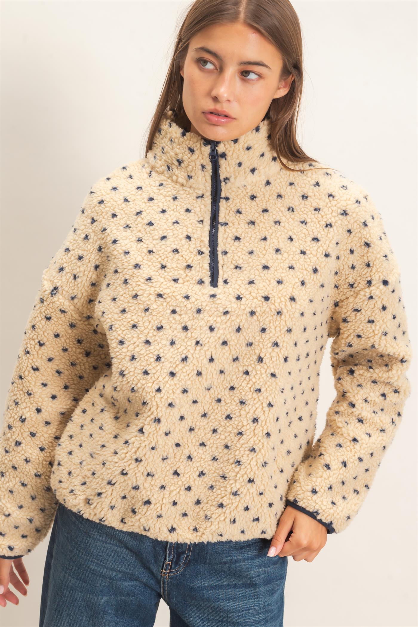 Wholesale Polka Dot Sherpa Half-Zip Pullover Coats & Jackets DZ26F161 NAVY DOUBLE ZERO