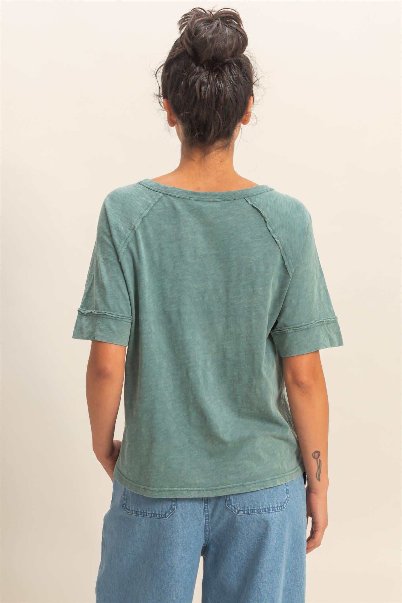 Wholesale Acid Wash Raw Seam Raglan Short Sleeve Tee Clothing Tops DZ26A655 DARK TEAL HYFVE