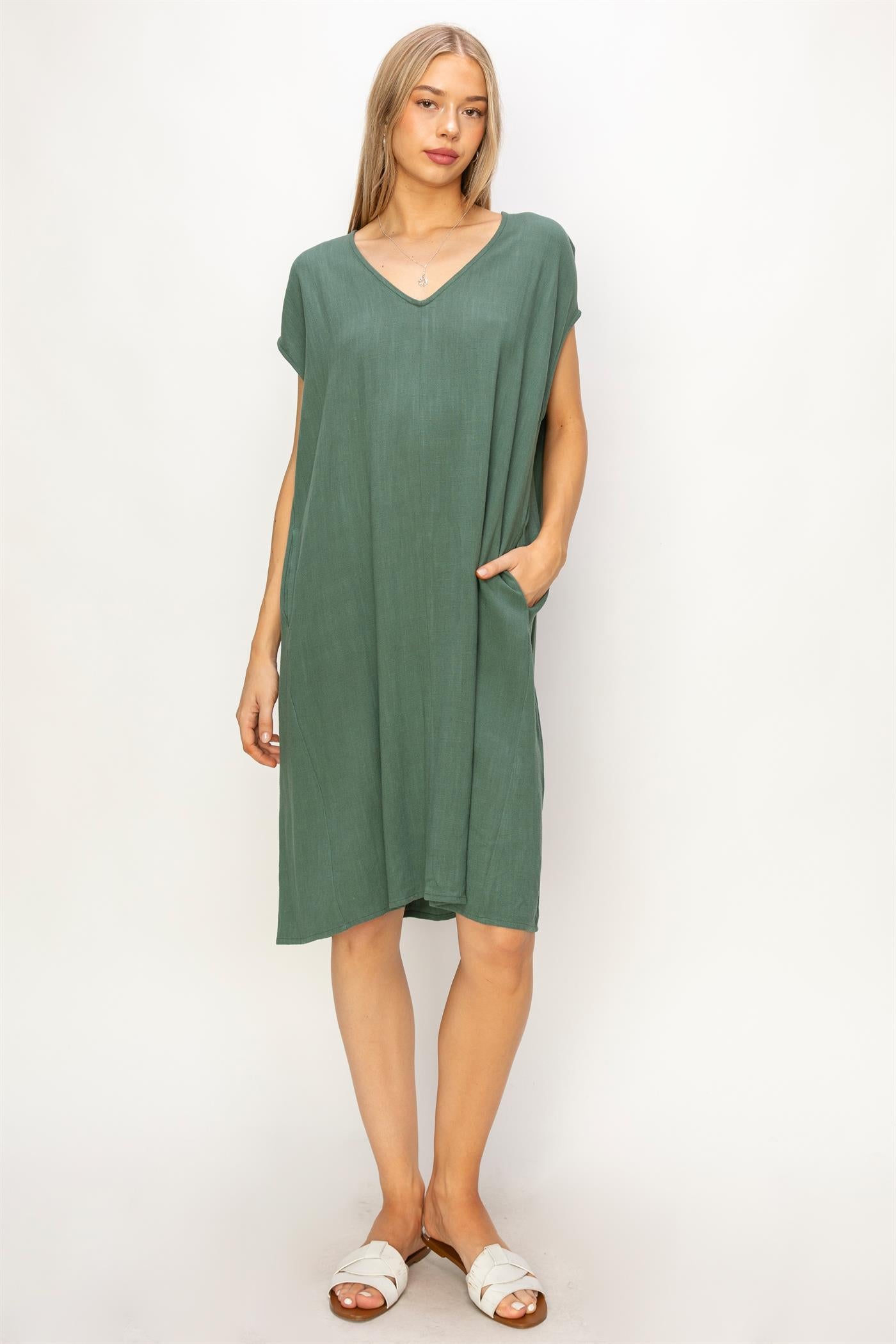 Wholesale V-Neck Oversized Linen Midi Dress Dresses DZ23E033-D GRAY GREEN DOUBLE ZERO