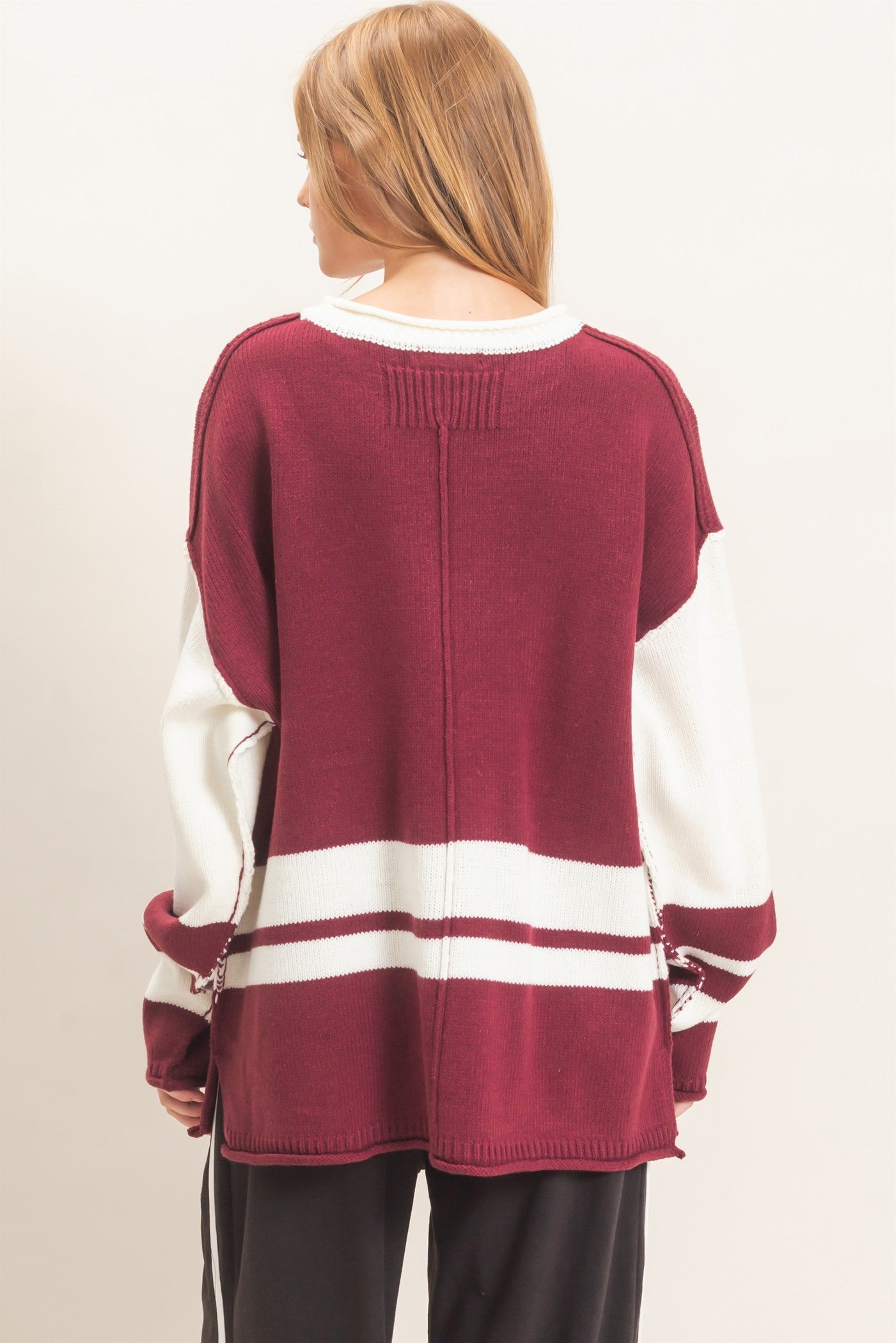 Wholesale Striped Crew Neck Sweater Sweaters HF26E793 CRANBERRY HYFVE