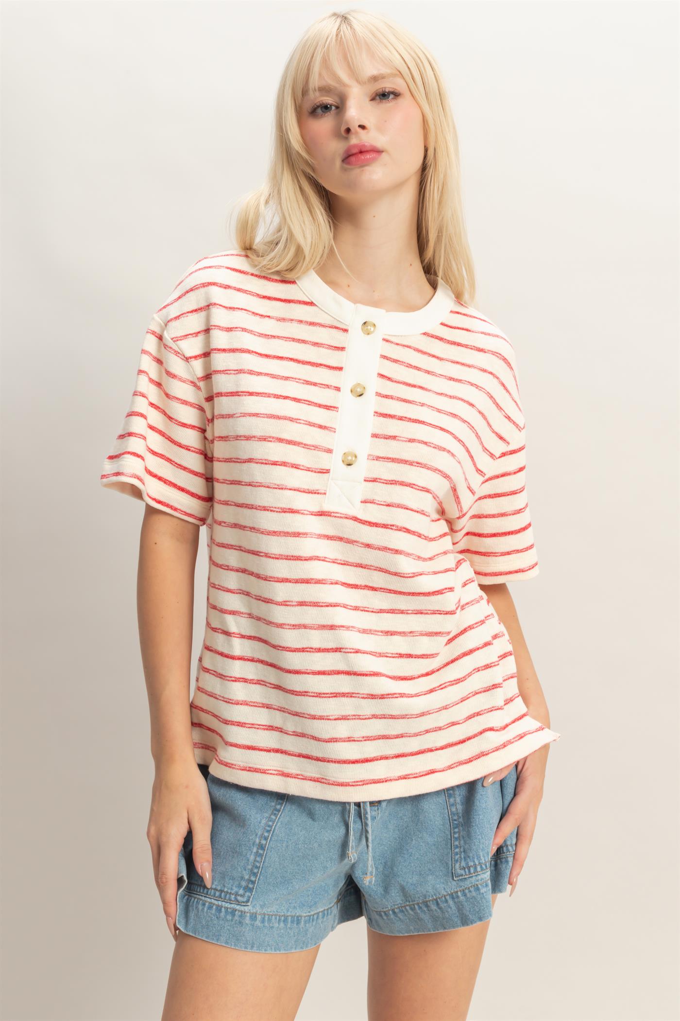 Wholesale Striped Short Sleeve Henley Top Clothing Tops DZ26A653 RED DOUBLE ZERO