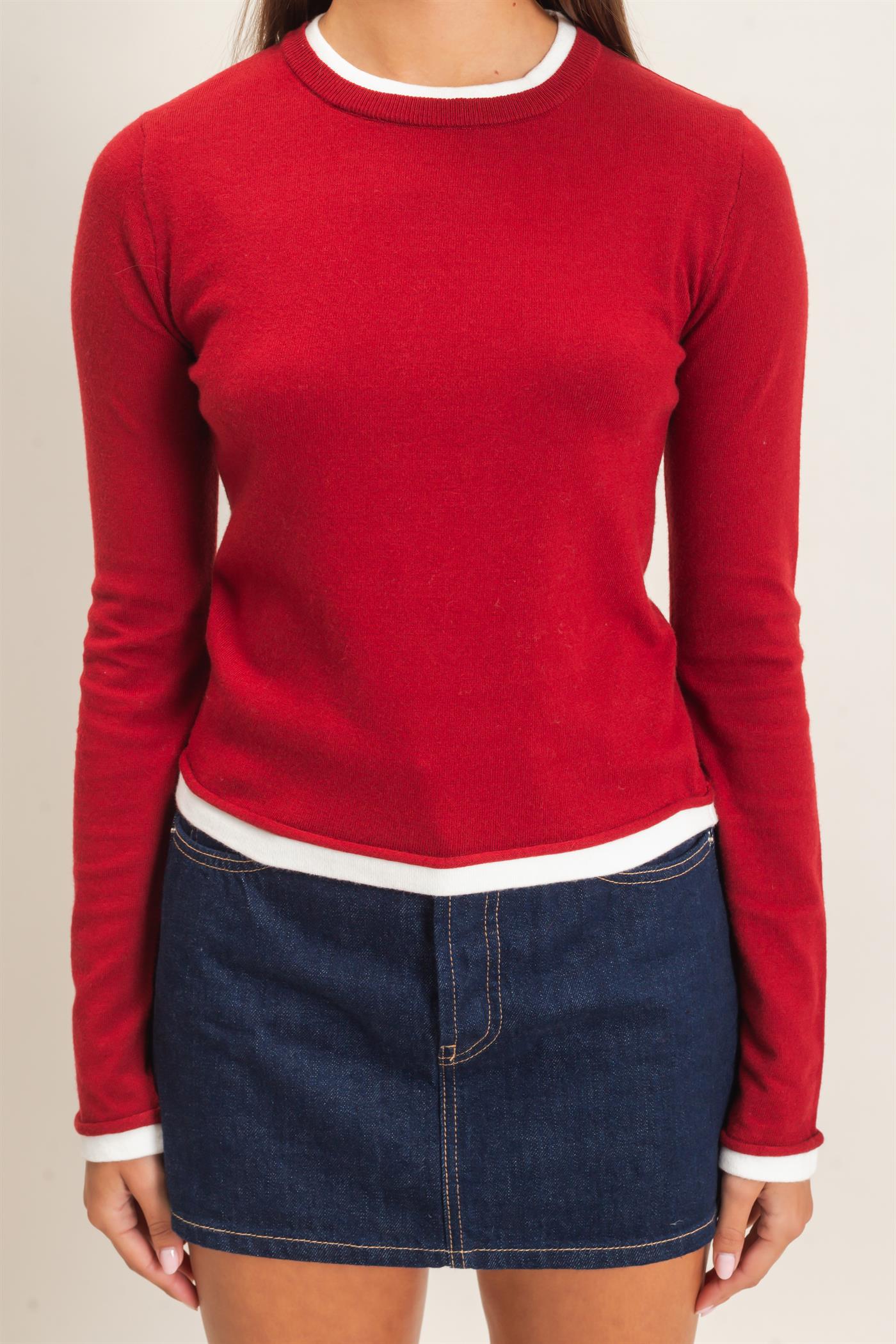 Wholesale Layer Effect Long Sleeve Knit Top Clothing Tops DZ26F394 DARK RED DOUBLE ZERO