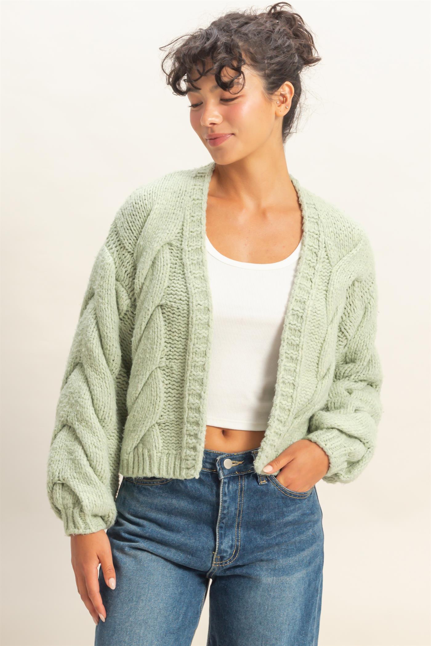 Wholesale Oversized Cable Knit Open Front Cardigan Sweater Cardigans DZ25F072 SAGE GREEN DOUBLE ZERO