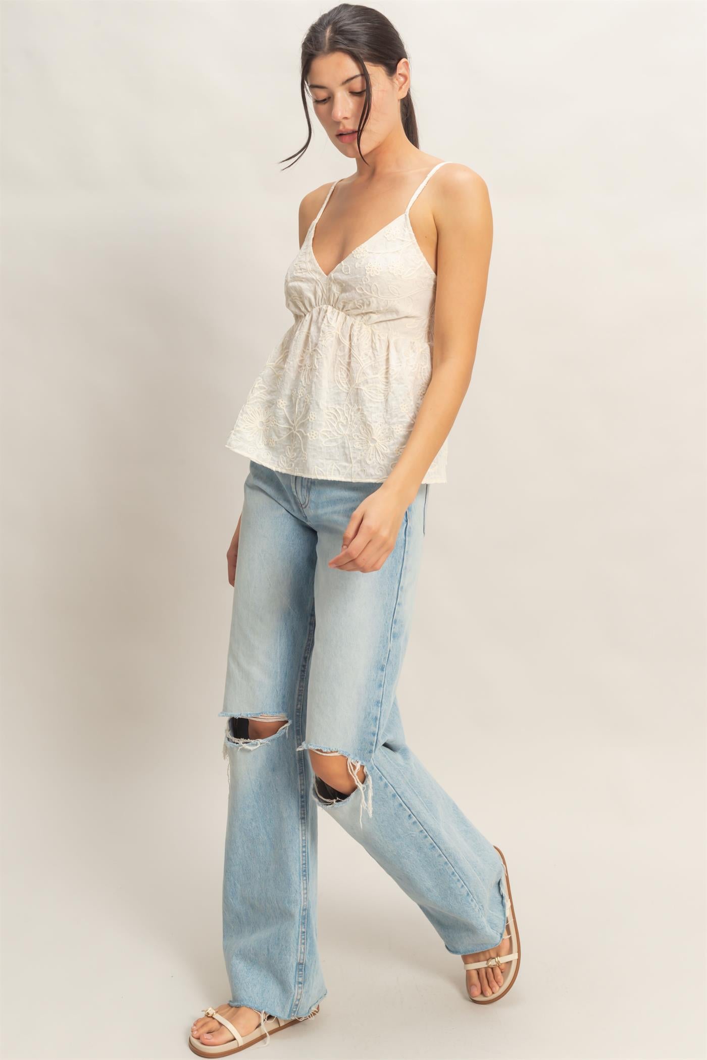 Wholesale Embroidered V-Neck Smocked Top Clothing Tops HF26E390-D CREAM HYFVE