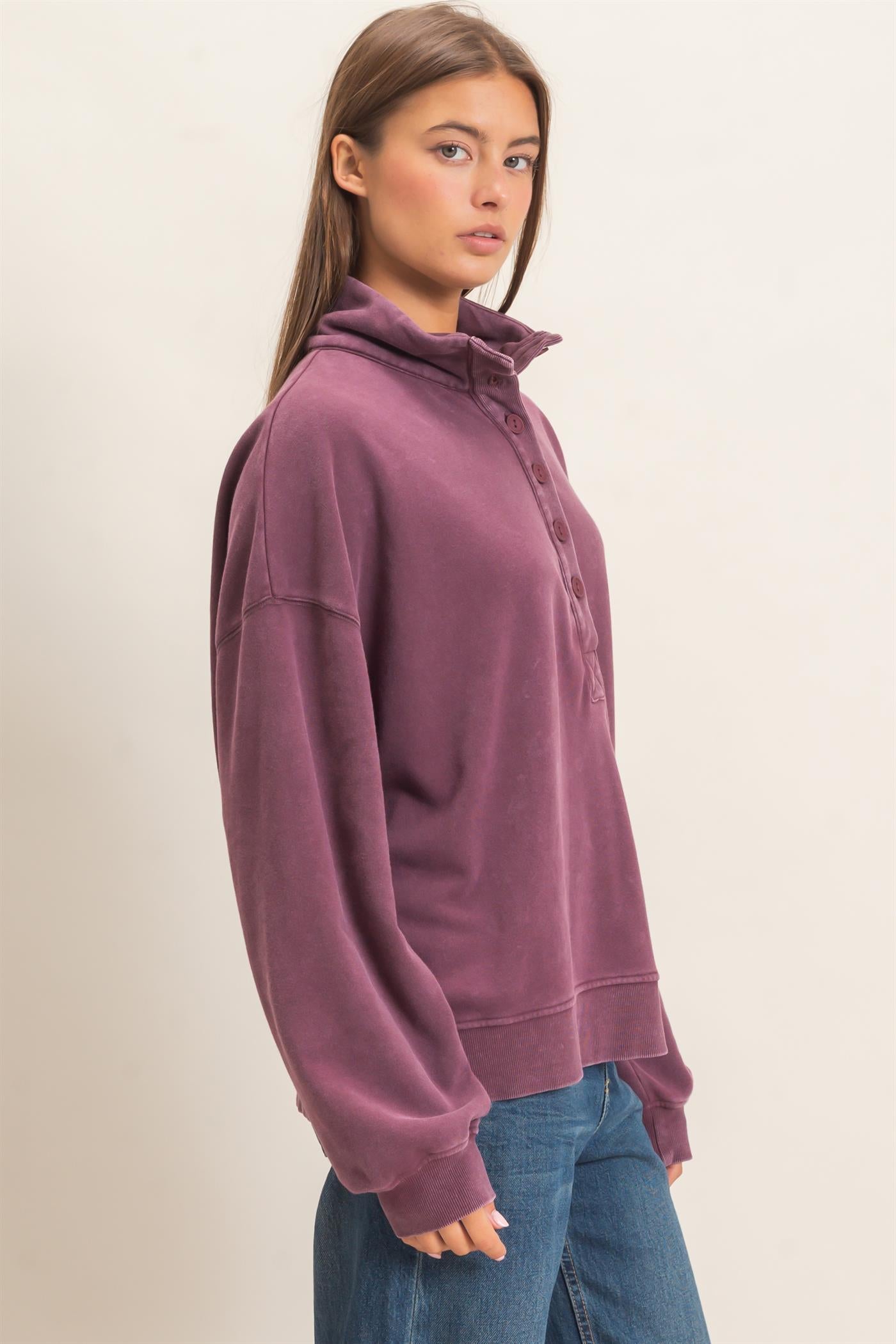 Wholesale Mineral Wash Button Front Sweatshirt Sweatshirts DZ26C909 DARK CHERRY DOUBLE ZERO
