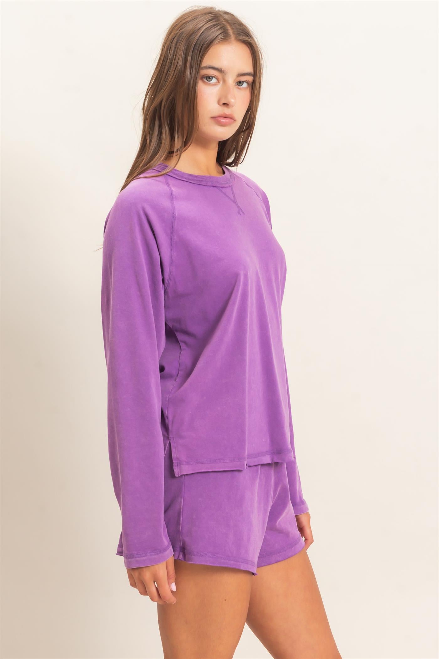 Wholesale Mineral Wash Long Sleeve Raw Edge Top & Shorts Set Clothing DZ26F403-SET PLUM DOUBLE ZERO
