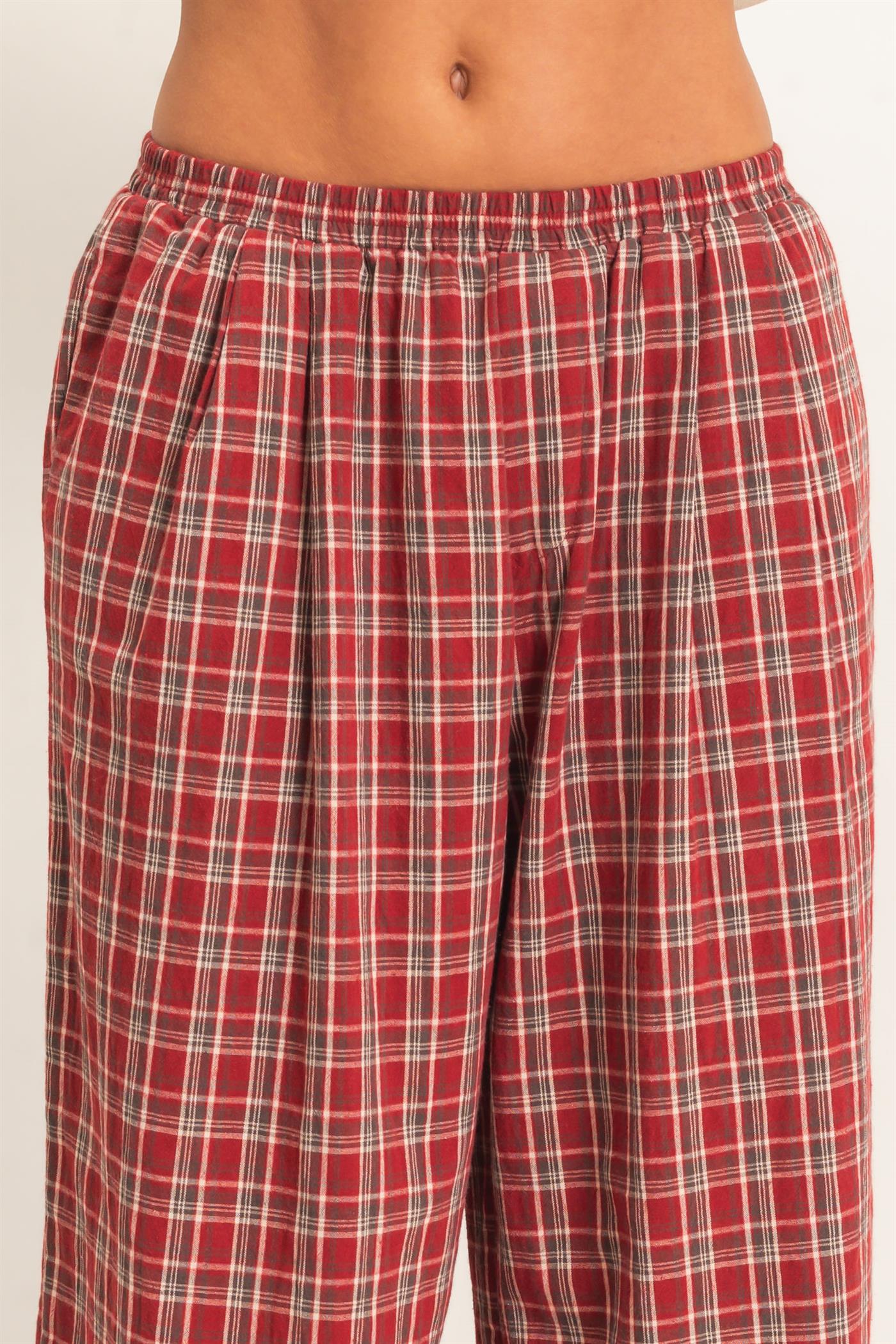 Wholesale Elastic Waist Plaid Pants Pants DZ26E375 DARK RED DOUBLE ZERO