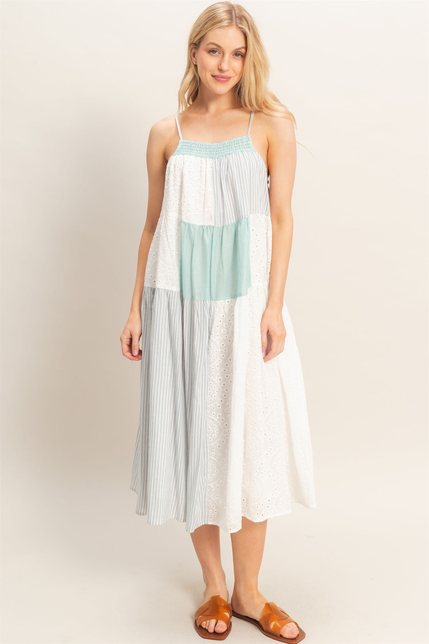 Wholesale Strappy Patchwork Midi Dress Dresses HF26C523 GREEN COMBO HYFVE