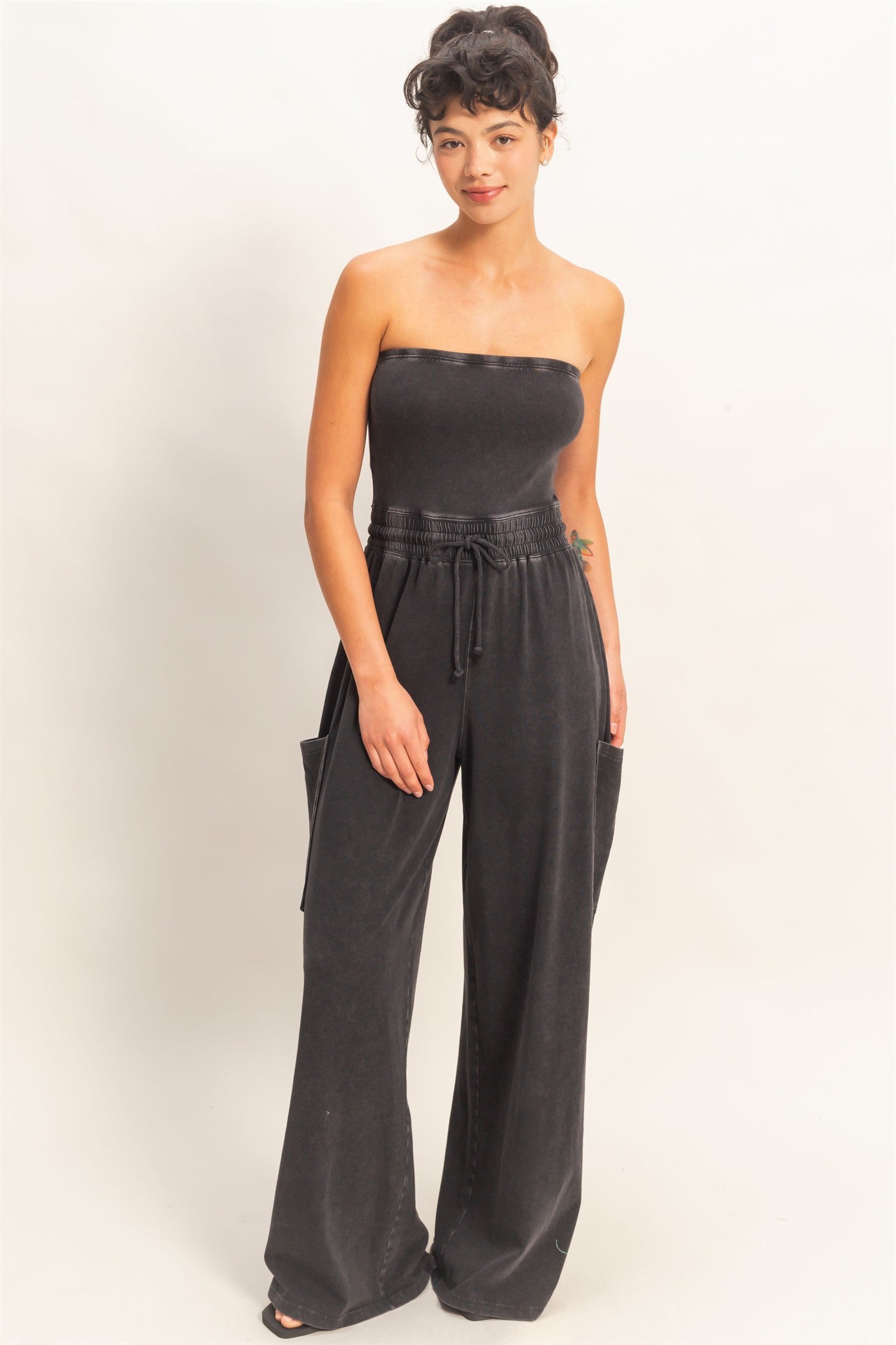 Wholesale Mineral Wash Strapless Wide-Leg Jumpsuit Clothing DZ26C376 BLACK DOUBLE ZERO
