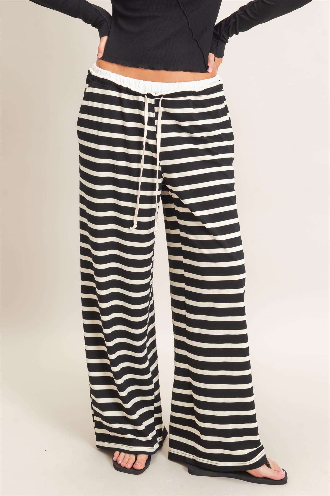 Wholesale Striped Wide-Leg Pants Pants HF26F229-D BLACK/ CREAM HYFVE