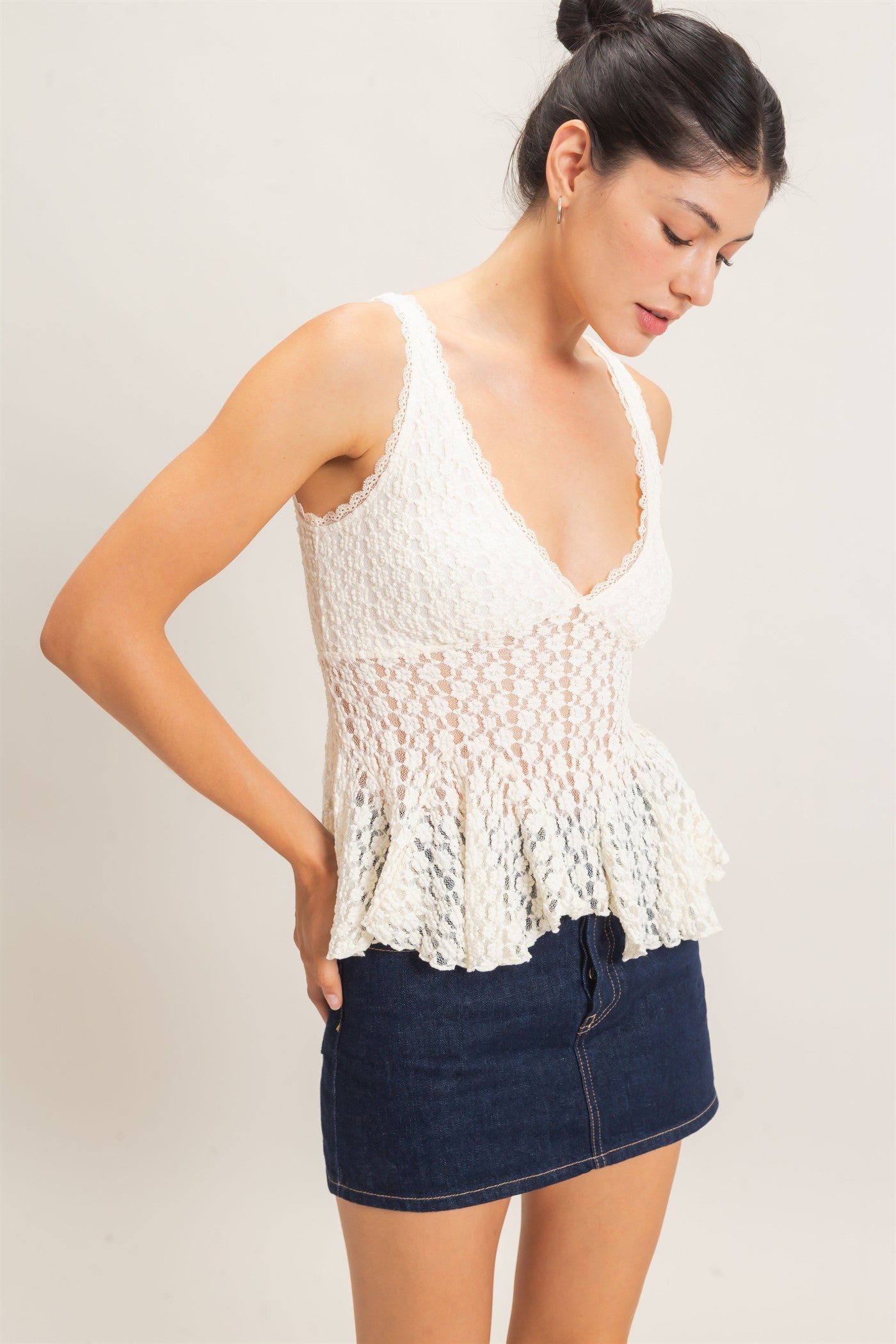 Wholesale Lace V-Neck Peplum Top Clothing Tops HF26E088 CREAM HYFVE