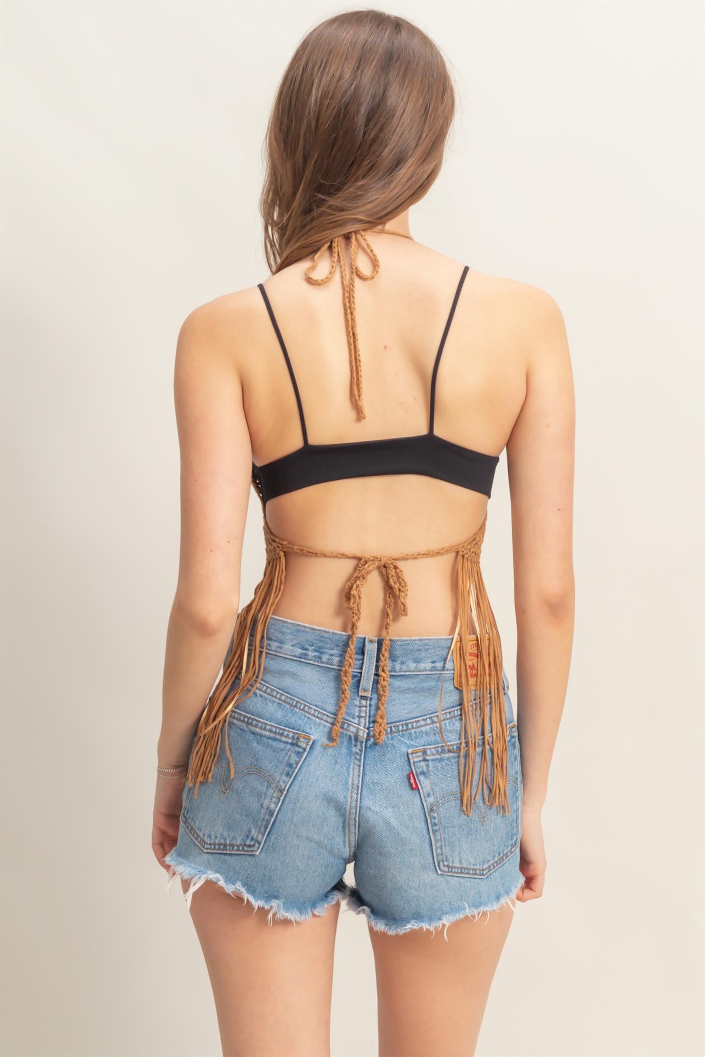 Wholesale Halter Crochet Fringe Detail Coverup Top Clothing Tops HF25A398 INDIAN TAN HYFVE