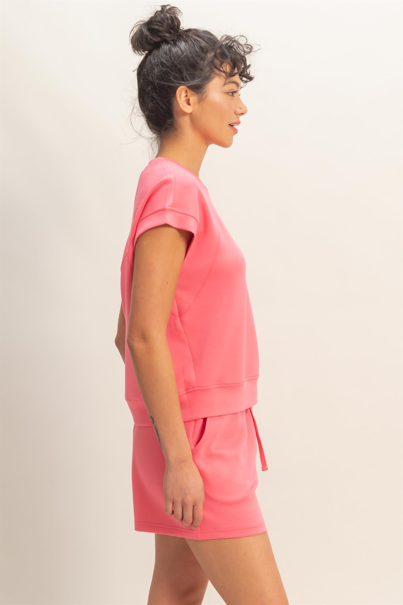 Wholesale Crew Neck Sleeveless Top And Shorts Set Clothing DZ26C575-SET TAFFY PINK DOUBLE ZERO