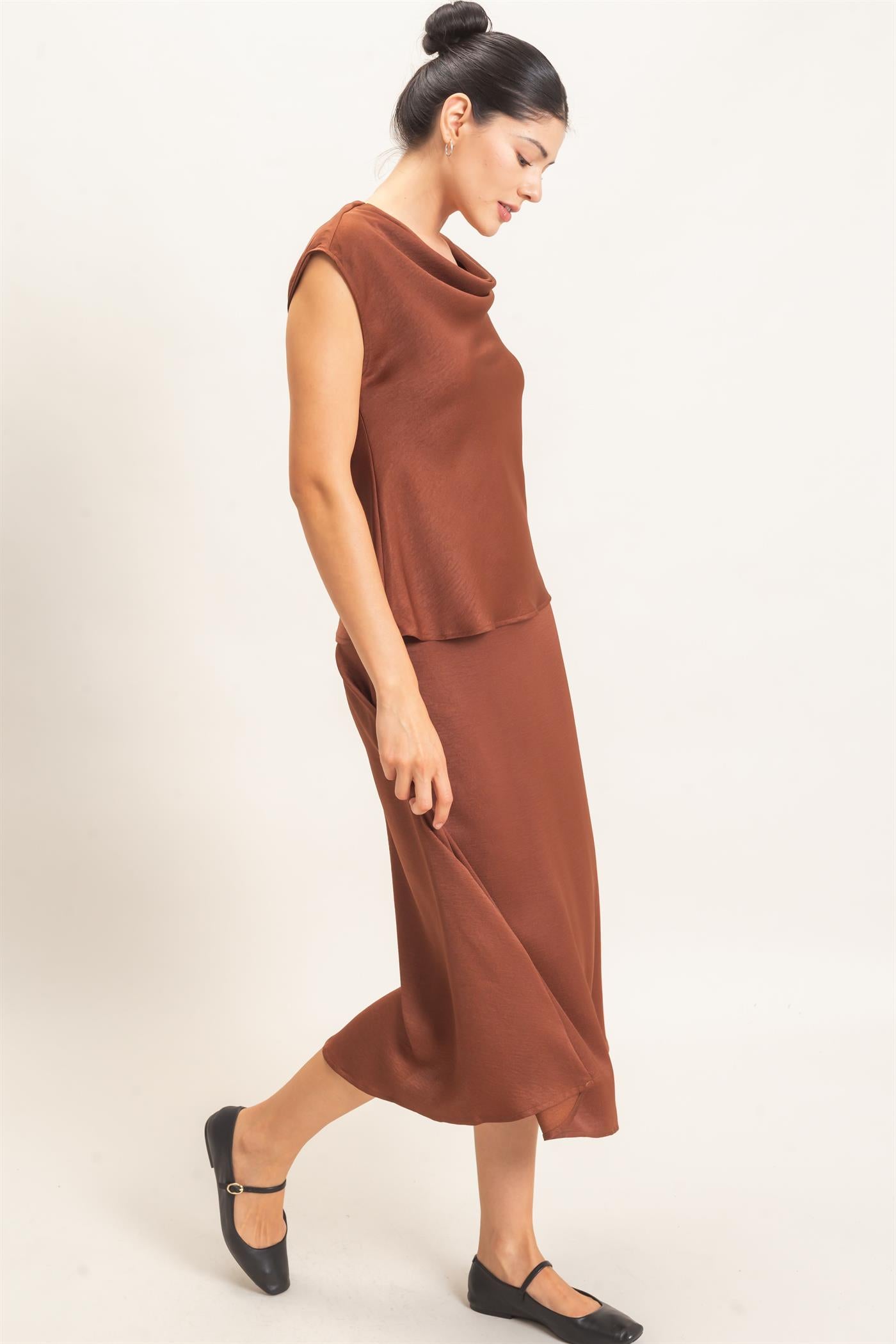 Wholesale Satin Cowl Neck Top And Skirt Set Clothing HF26C690-SET BROWN HYFVE