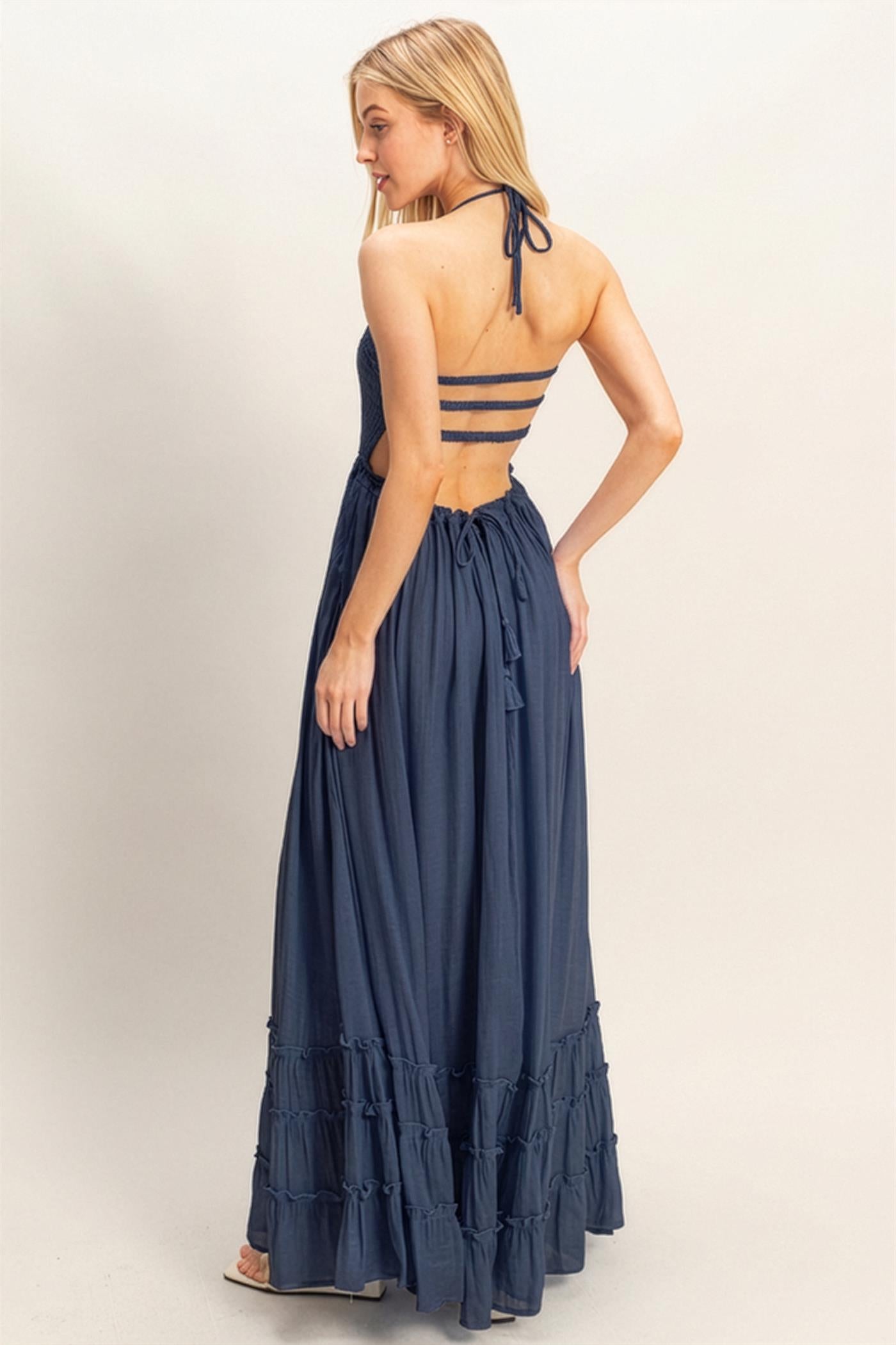 Wholesale Smocked Halter Maxi Dress Dresses HF26C290-D DARK NAVY HYFVE