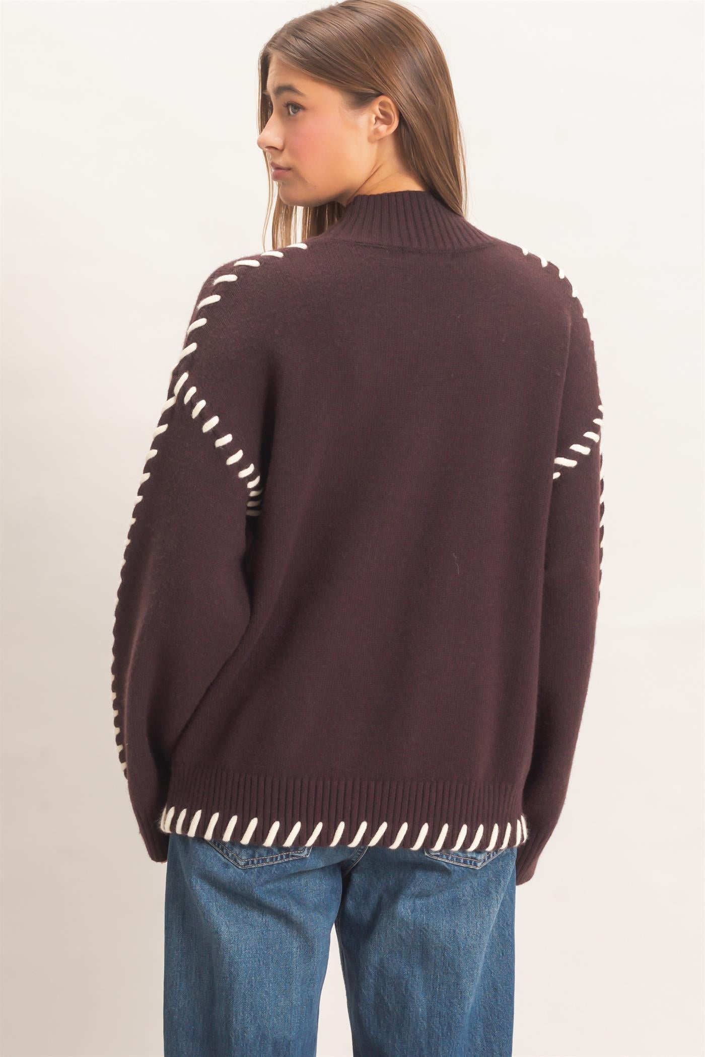 Wholesale Blanket Stitch High Neck Sweater Sweaters DZ27A190 DARK BROWN DOUBLE ZERO